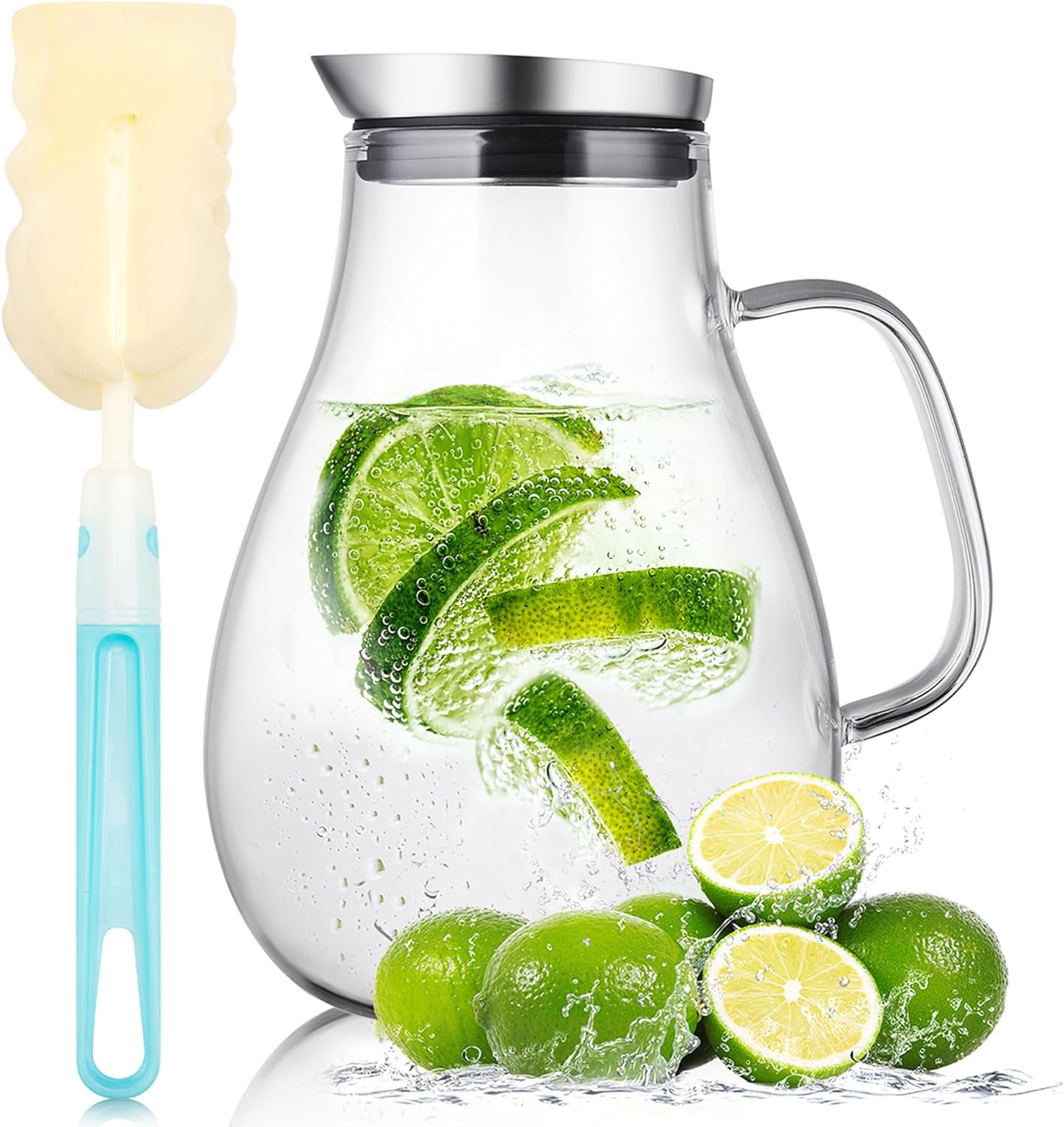 SUSTEAS 2 Liter Glass Pitcher, Water Pitcher with Removable Lid And Wide Handle, Easy Clean Juice Jug for Fridge, Beverage Carafe for Cold/Hot Water, Iced Tea, 1 Free Long-Handled Brush Included