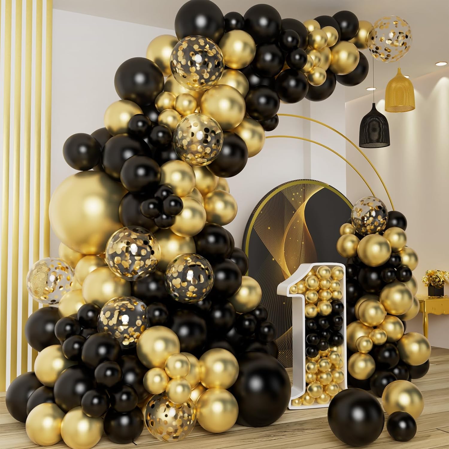 138pcs Black and Gold Balloons Garland Arch Kit with Black Gold Confetti Balloons for New Year Birthday Graduation Baby Shower Party Decorations