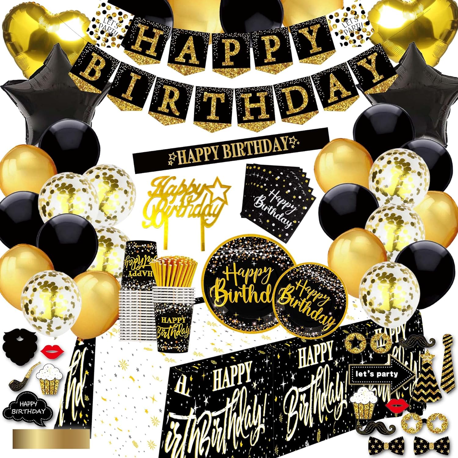 black and gold birthday party decorations - (Total 169pcs) happy birthday Supplies for women and men, Balloons,tablecloth,Foil Backdrops,Plates,Cups,Photo Props,Sash,Tableware for 24 Guests