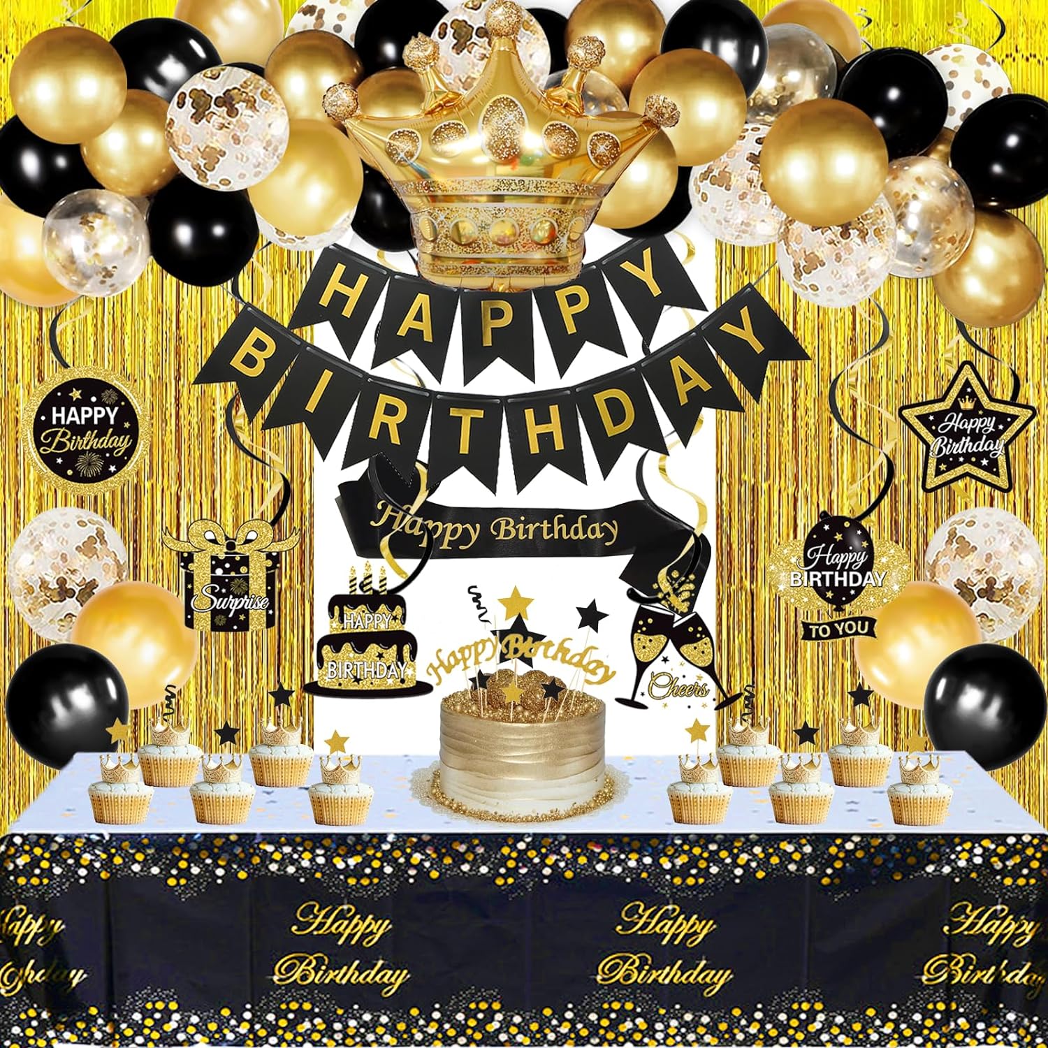 Black and Gold Birthday Decorations for Men Women, Black and Gold Party Decorations Include Crown Hanging Swirls Curtains Tablecloth Cake Toppers Banner for Gold and Black Birthday Decorations for Dad