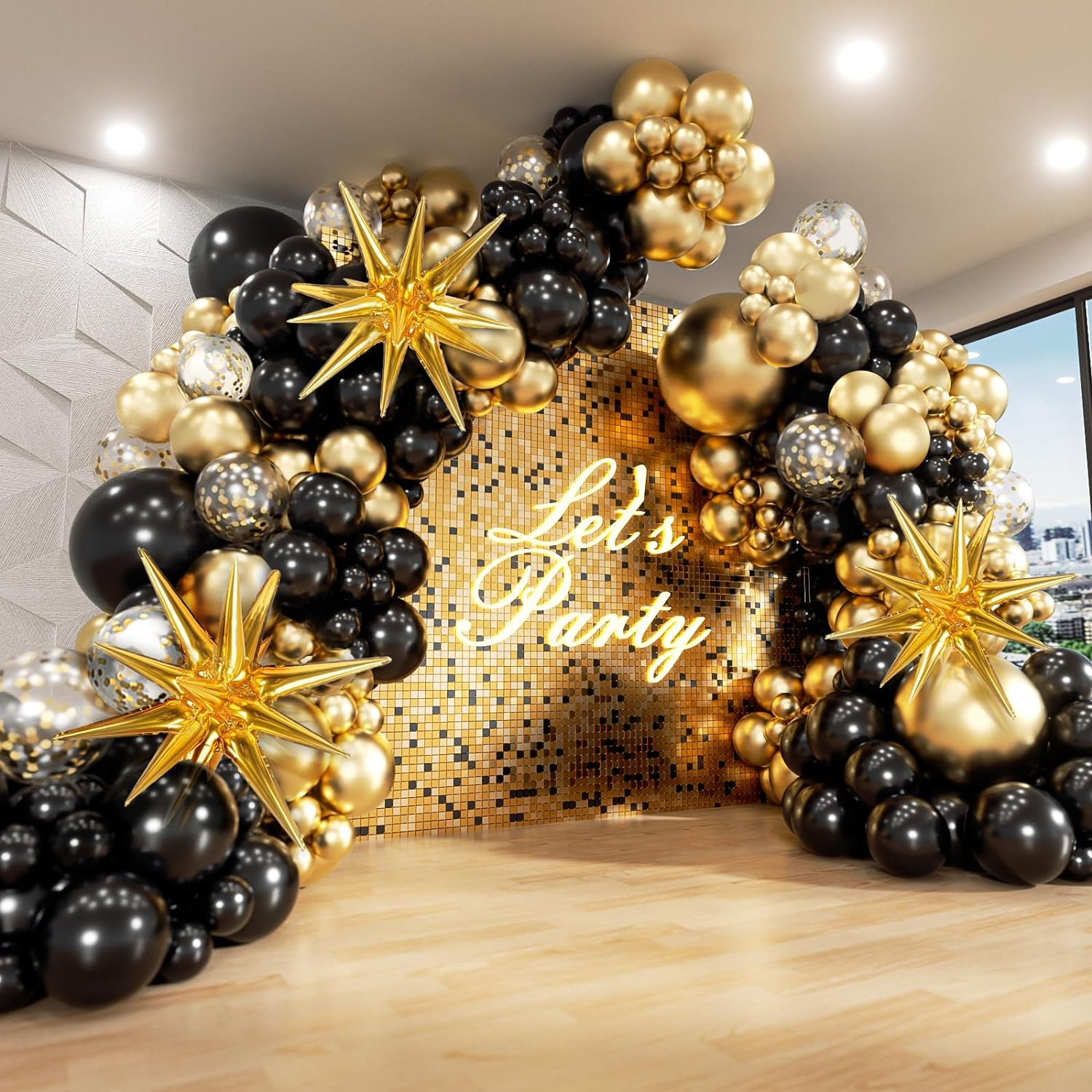 Black and Gold Balloons Garland Arch Kit with Starburst Foil Balloons, 5 10 12 18 inch Black Gold Confetti Latex Balloons for New Years Wedding Anniversary Birthday Party Decorations