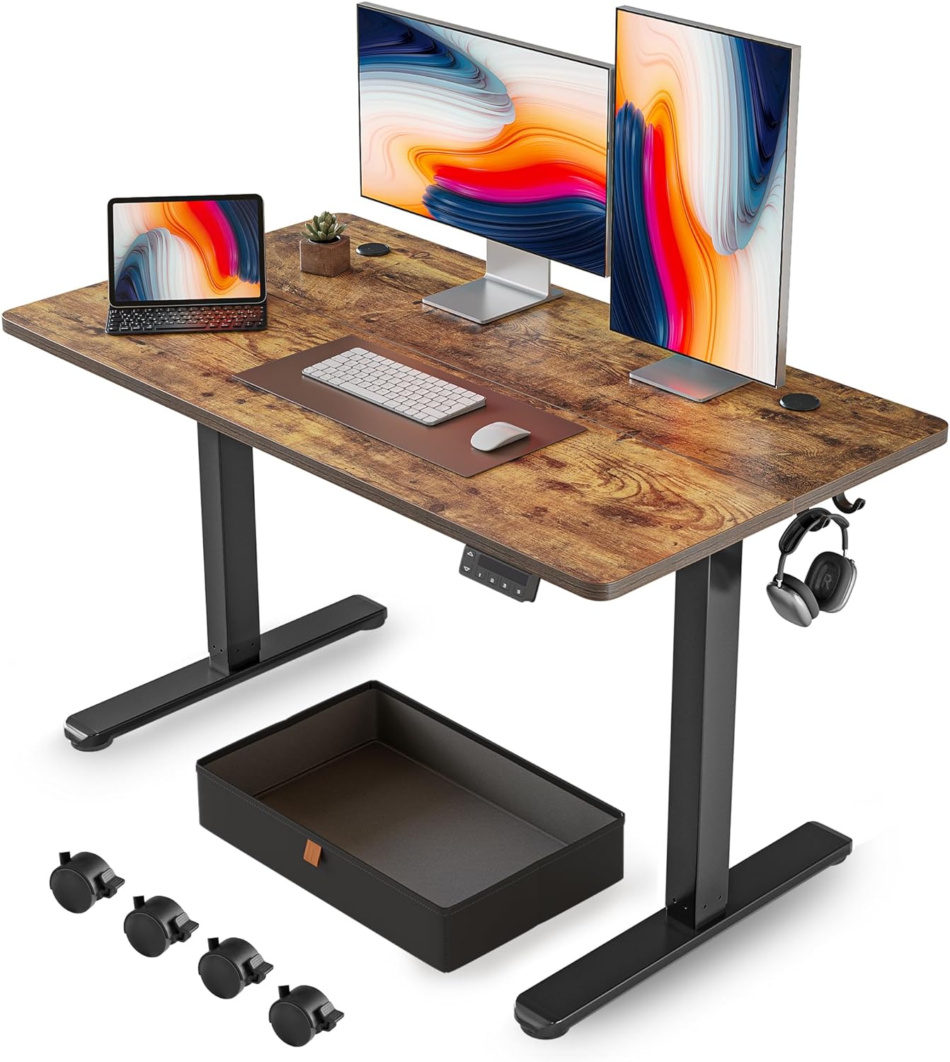 FEZIBO 48 x 24 Inches Standing Desk with Drawer, Adjustable Height Electric Stand up Desk, Sit Stand Home Office Desk, Ergonomic Workstation Black Steel Frame/Rustic Brown Tabletop