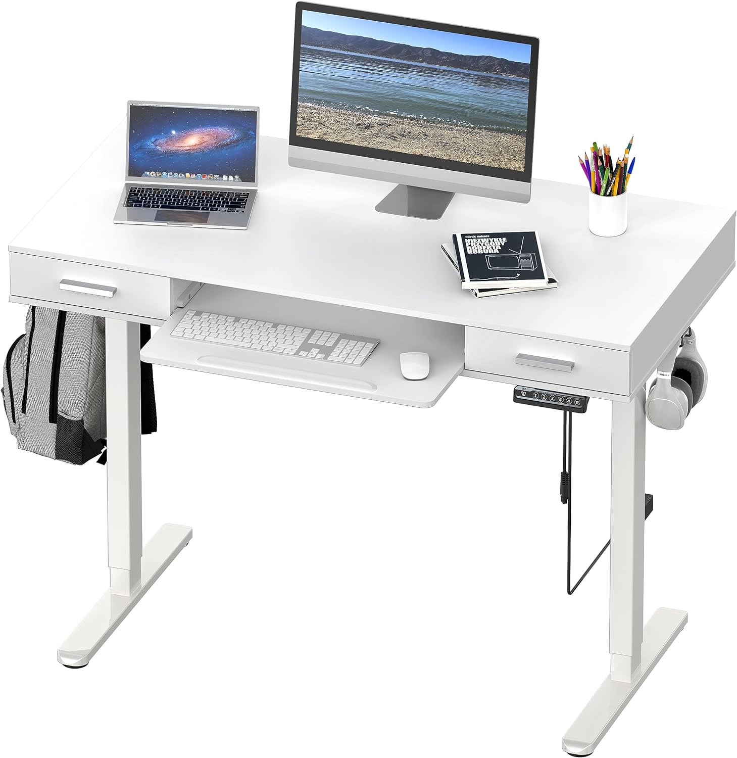 SHW 48-Inch Electric Height Adjustable Desk with Keyboard Tray and Two Drawers