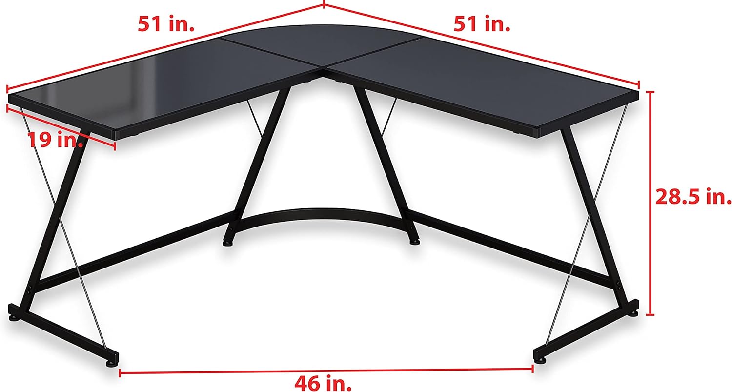 SHW Gaming Desk Computer L-Shape Corner Studio Table, Black, Glass Top