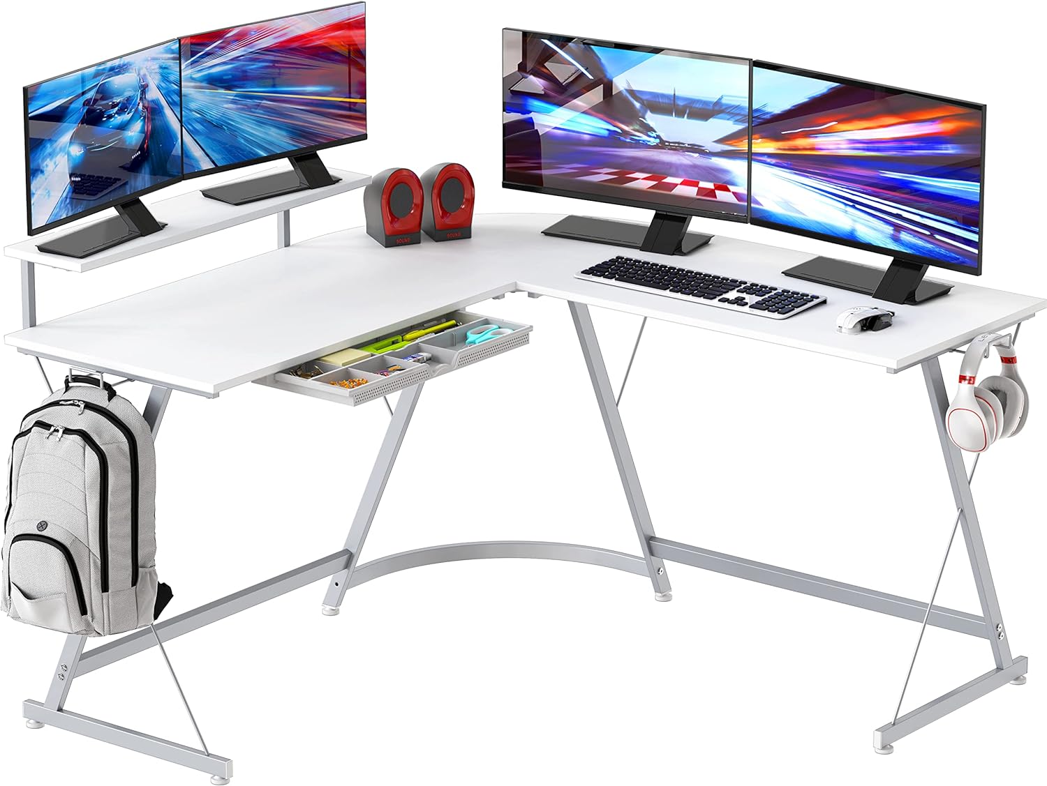 SHW Vista L-Shape Desk with Monitor Stand, White