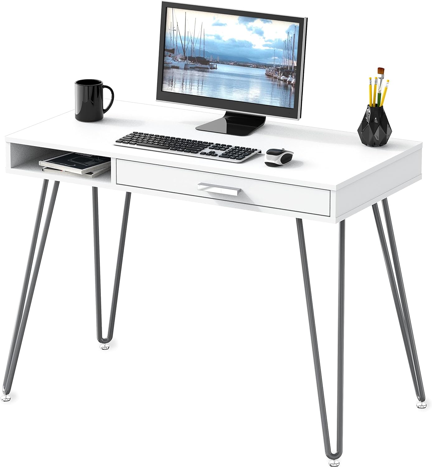 SHW Home Office Computer Hairpin Leg Desk with Drawer, White