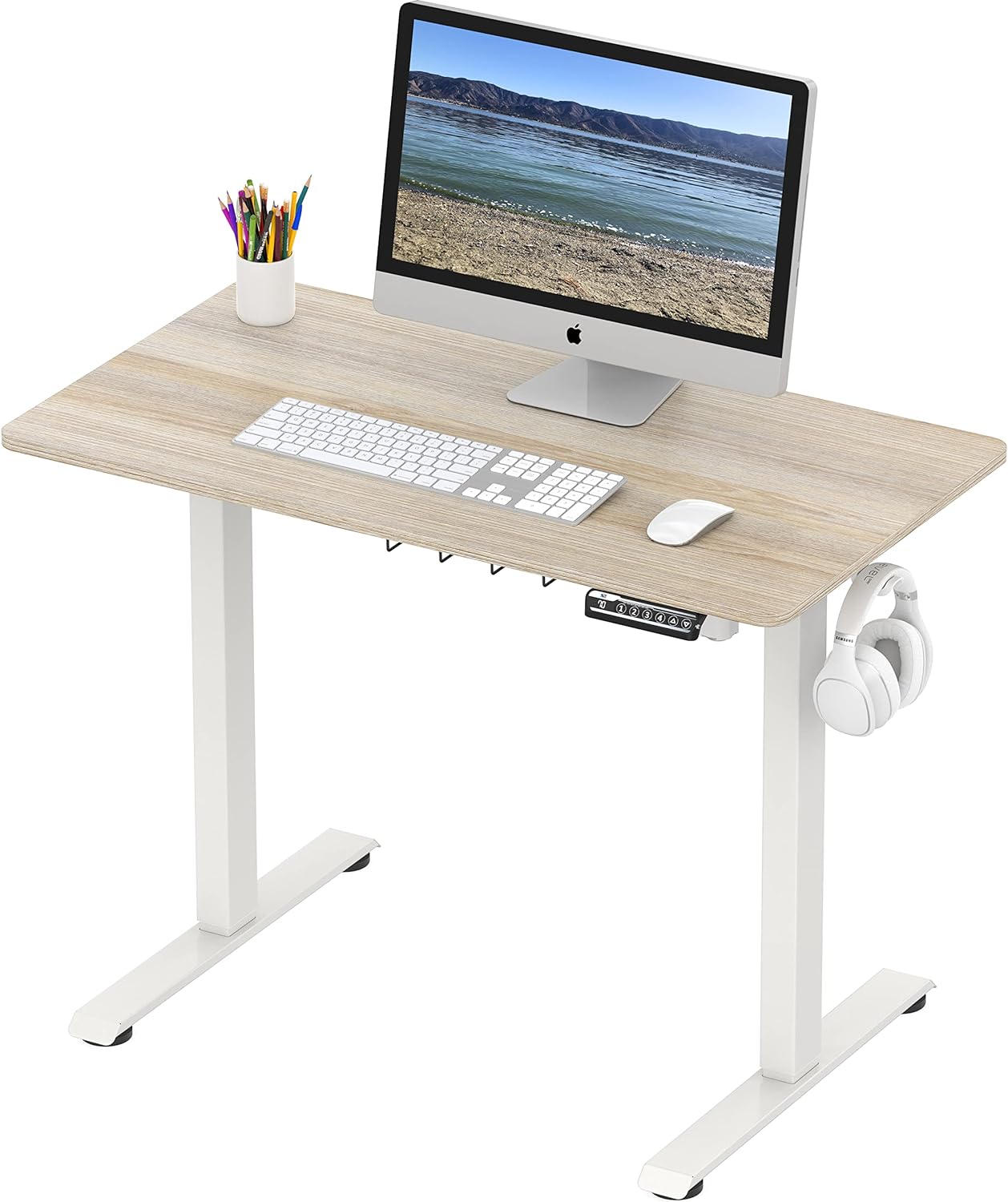 SHW Small Electric Height Adjustable Sit Stand Desk with Hanging Hooks and Cable Management, 40 x 22 Inches, White Frame and Maple Top