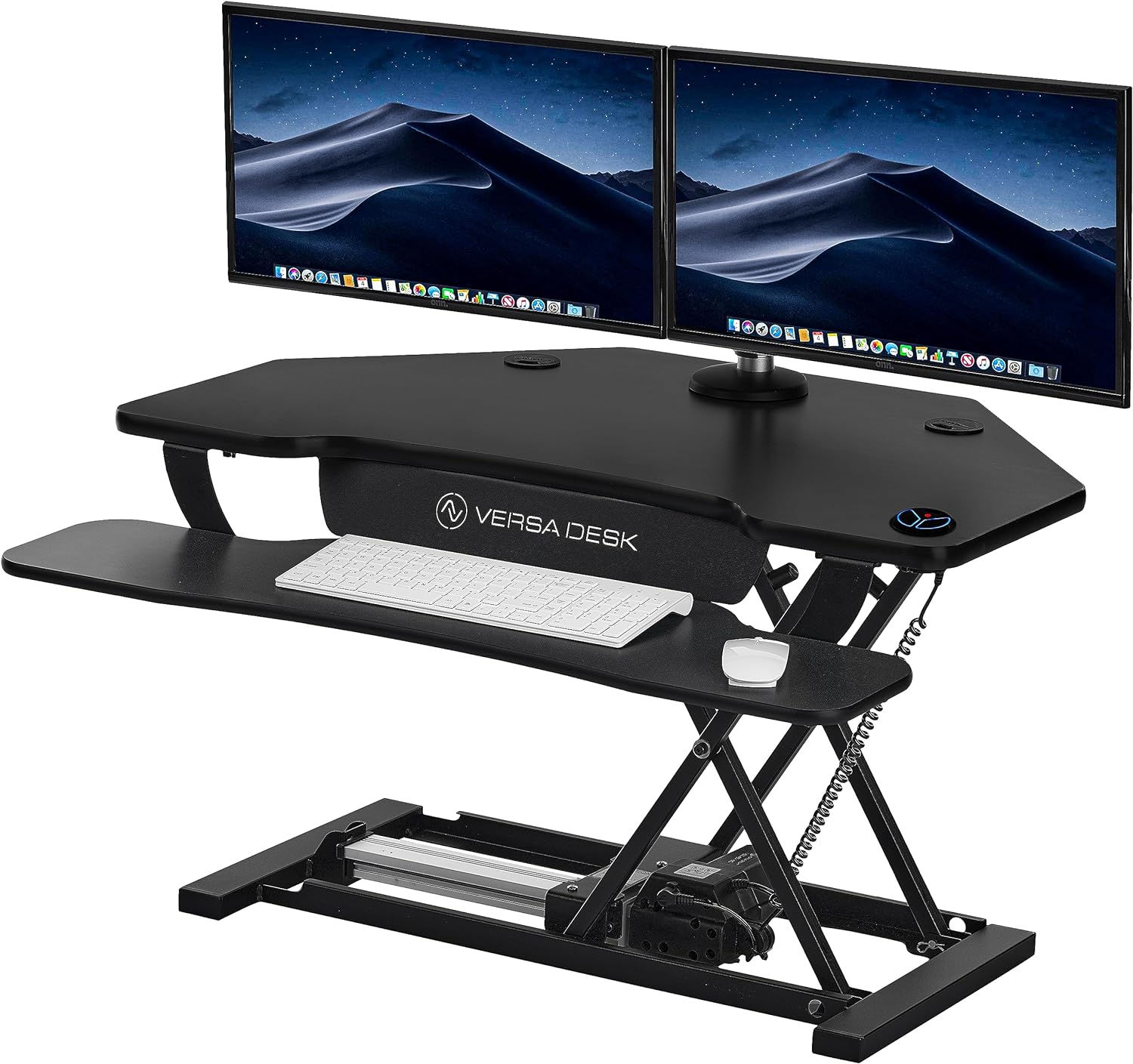 So I cooked this idea up, but couldn't find anyone else on the web that' done it. I'm a full time day trader and had multiple screens, but years sitting behind screens hasn't done my body any favors. Needed a sit stand option, and the Versadesk Pro, with 80lb. capacity was worth a shot. Picked up 2 LG Ultragear 49
