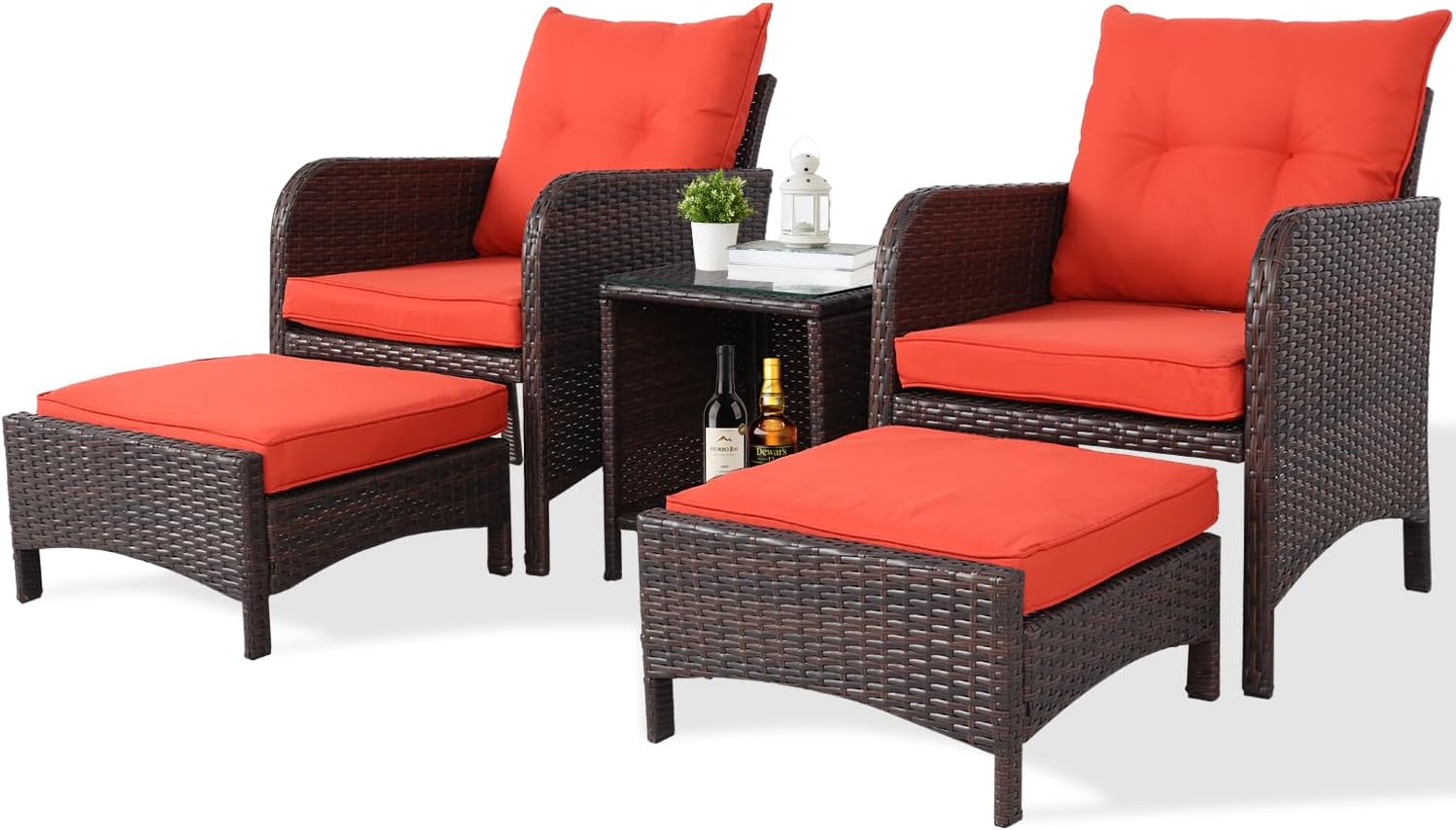 5 Piece Patio Conversation Set Balcony Furniture PE Wicker Rattan Outdoor Lounge Chairs with Cushions and 2 Ottoman Glass Table for Porch, Lawn (Mix Brown-Orange Red)