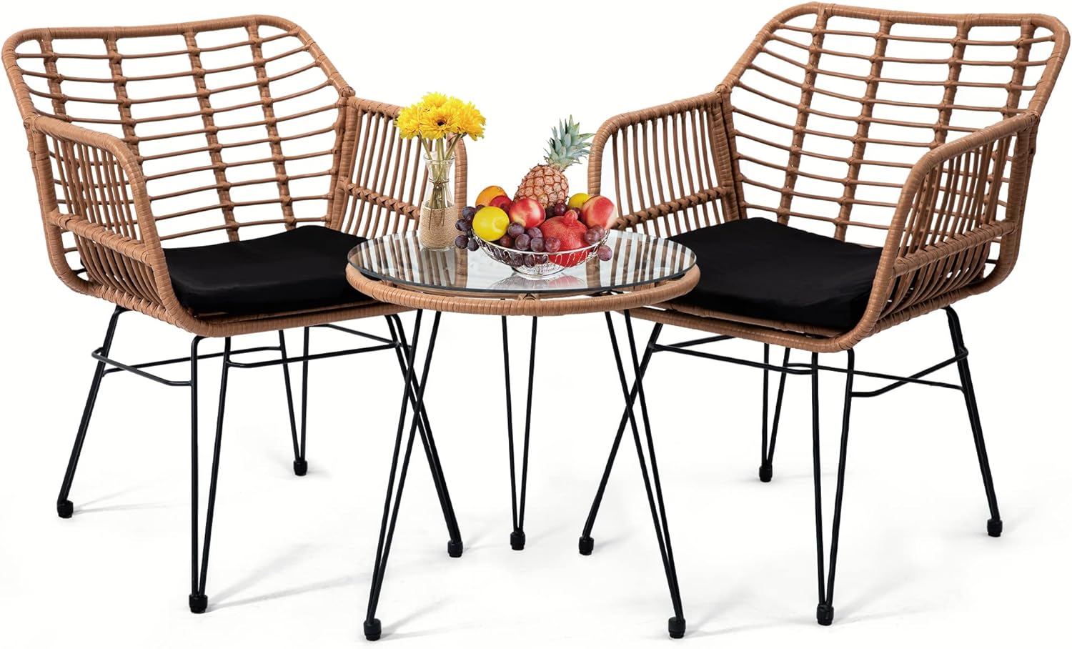 3 Pieces Wicker Patio Bistro Furniture Set, Includes 2 Chairs and Glass Top Table, Ideal for Porch, Outdoor, Backyard, Apartment, Balcony Natural Color