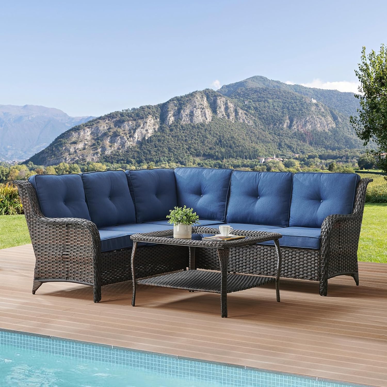 Wicker Outdoor Patio Furniture Sets - Rattan Sofa Sectional Conversation Set with 2 Loveseat and 1 Corner Sofa and 1 Square Glass Top Coffee Table(Brown Wicker/Blue Cushion)