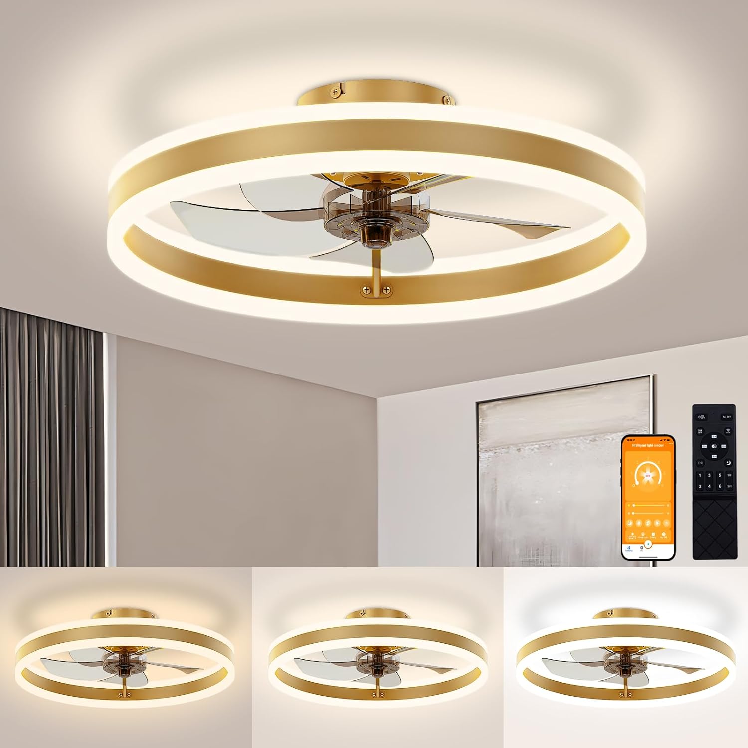 Taking down our old, traditional ceiling fan with lights was much harder to accomplish than installing this new fan! It' lightweight, all put together straight out of the box, and has so many great features!! You use a remote to dim or brighten, change from 