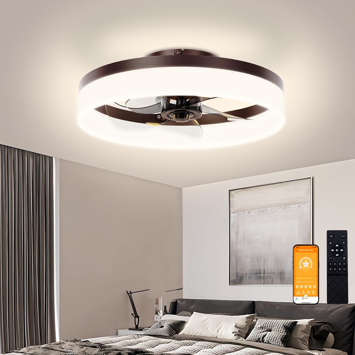 Exactly what we needed due to our low ceiling. Very low profile but light is bright and fan is powerful. Super easy to install (the S hook is very helpful when wiring the fan). Remote works great and can control light warmth, brightness, and fan speed. Overall very satisfied!