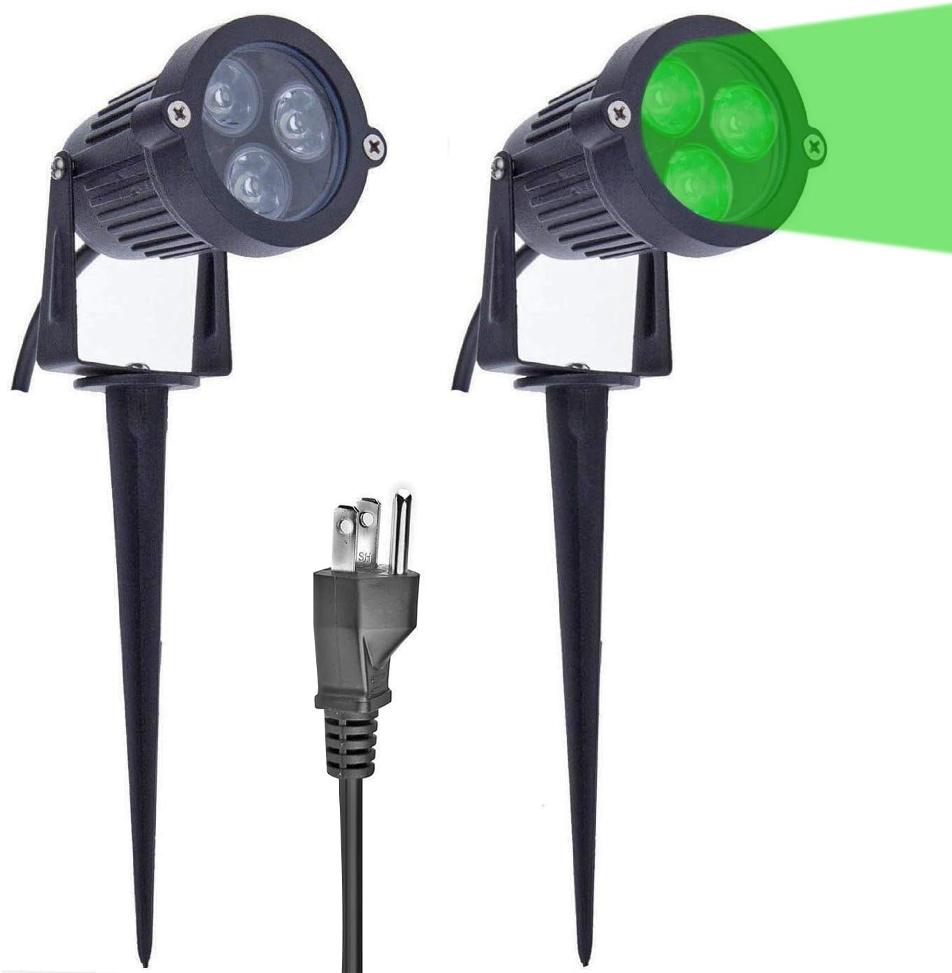 LemonBest Pack of 2 Outdoor Water-Resistant LED Lawn Garden Landscape Lamp Wall Yard Path Patio Lighting Spot Lights Green AC Spiked Stand with Power Plug