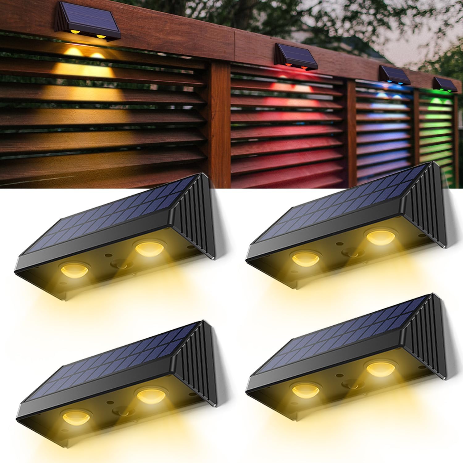 SIEDiNLAR Solar Fence Lights Outdoor, 50 Lumens 5 Modes Fence Deck Light Solar Powered Waterproof Backyard Decor for Wall Fence Deck Step Patio Garden, Warm White/RGB Color Changing (4 Pack)