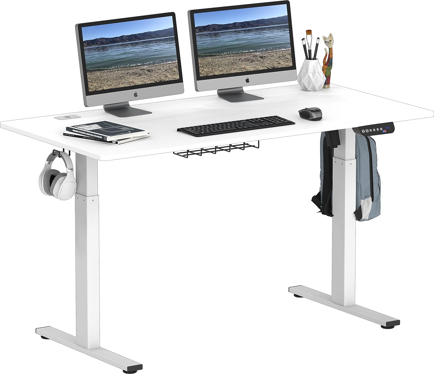 SHW Electric Height Adjustable Standing Desk with Hanging Hooks and Cable Management, 55 x 28 Inches, White