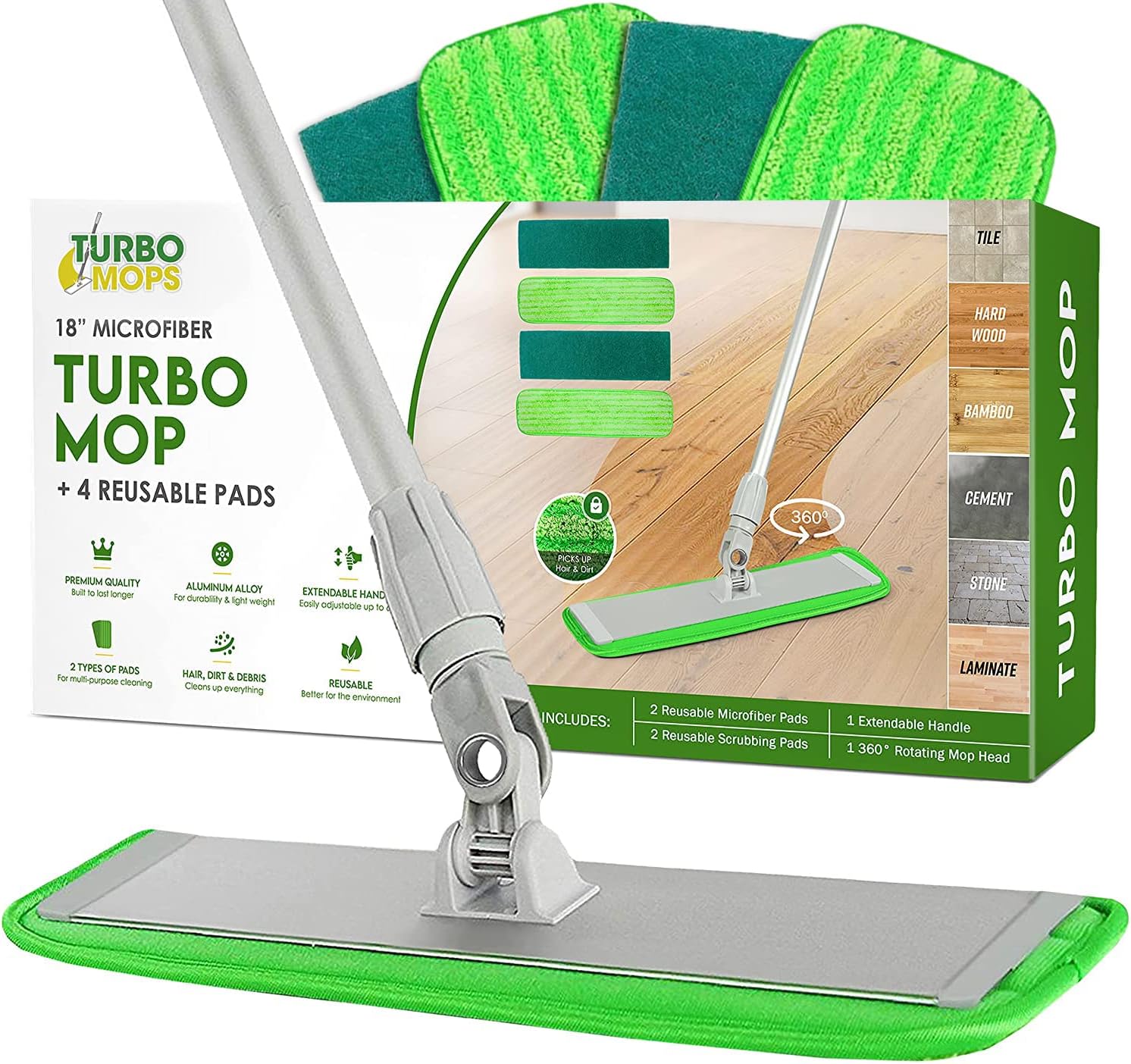 Turbo Microfiber Mop Floor Cleaning System - 18-inch Dust Mop with 4 Reusable Pads for Hardwood and Tile, 360-Spin Floor Mop Head & Extendable Handle - Household Cleaning Tools