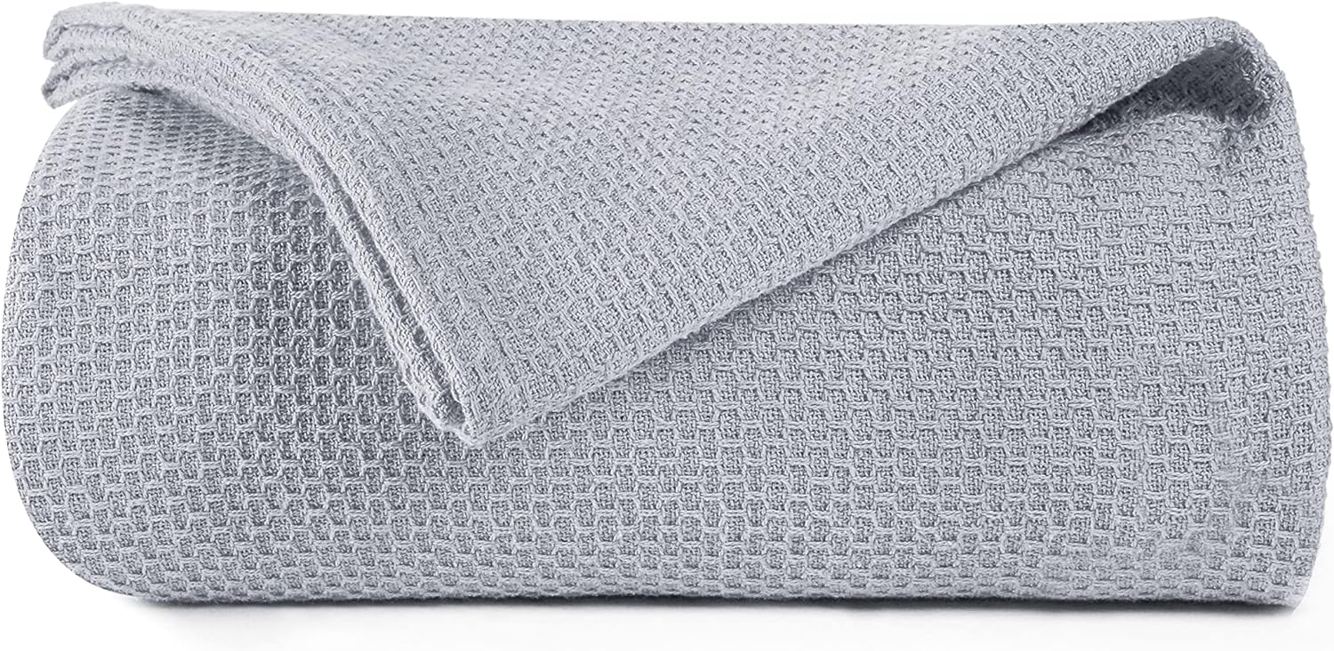 100% Cotton Bed Blanket, Breathable Thermal Blanket Twin Size, Soft Honeycomb Waffle Blanket 60x90, Cotton Bed Blanket, Perfect for Layering Any Bed for All Season, Light Grey