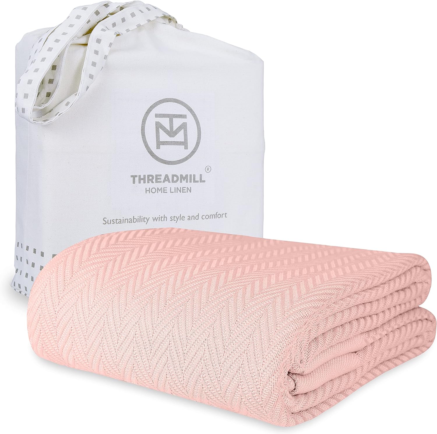 Threadmill Luxury Cotton Blankets for King Size Bed | All-Season Cozy 100% Cotton Blanket | Herringbone Soft & Lightweight Fall Thermal Blanket fits Cal King Size Bed | English Rose