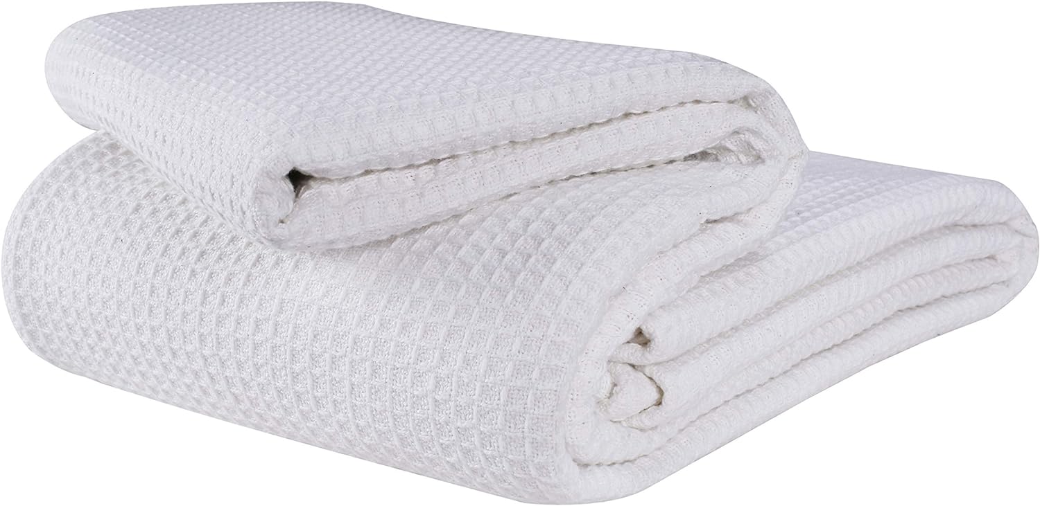 Glamburg 100% Cotton Thermal Blanket, Breathable Bed Blanket Queen Size, Soft Waffle Blanket For All Season, White