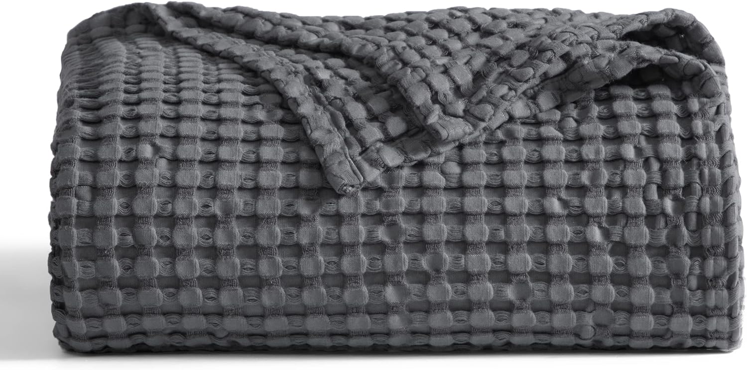 Bedsure Cooling Cotton Waffle King Size Blanket - Lightweight Breathable Blanket of Rayon Derived from Bamboo for Hot Sleepers, Luxury Throws for Bed, Couch and Sofa, Dark Grey, 104x90 Inches