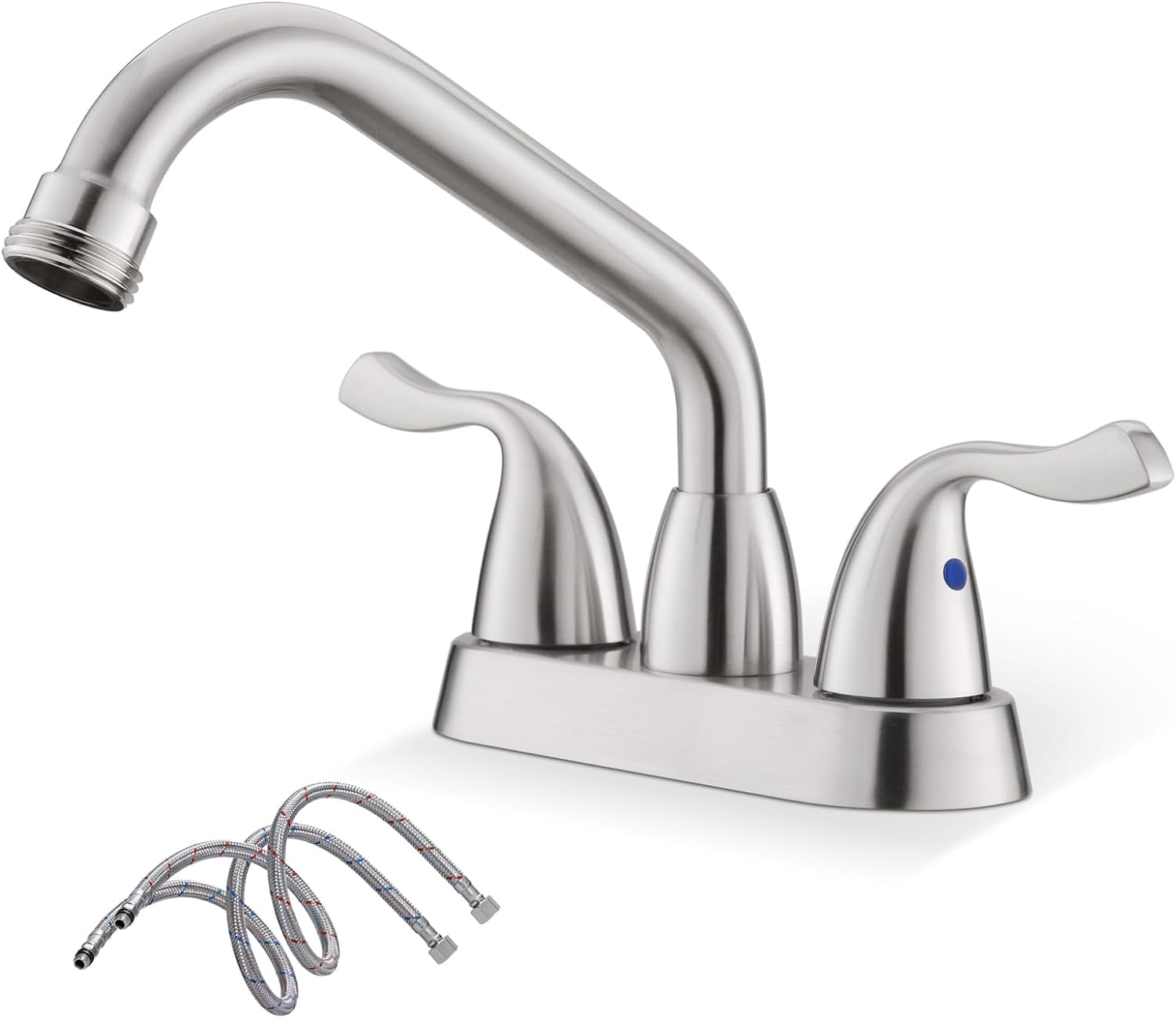 Phiestina Brushed Nickel Utility Sink/Laundry Faucet, 4 Inch Centerest 2 or 3 Hole Rotatable Swivel 360 Spout with Threaded End, with Water Supply Line, BF25-7-BN