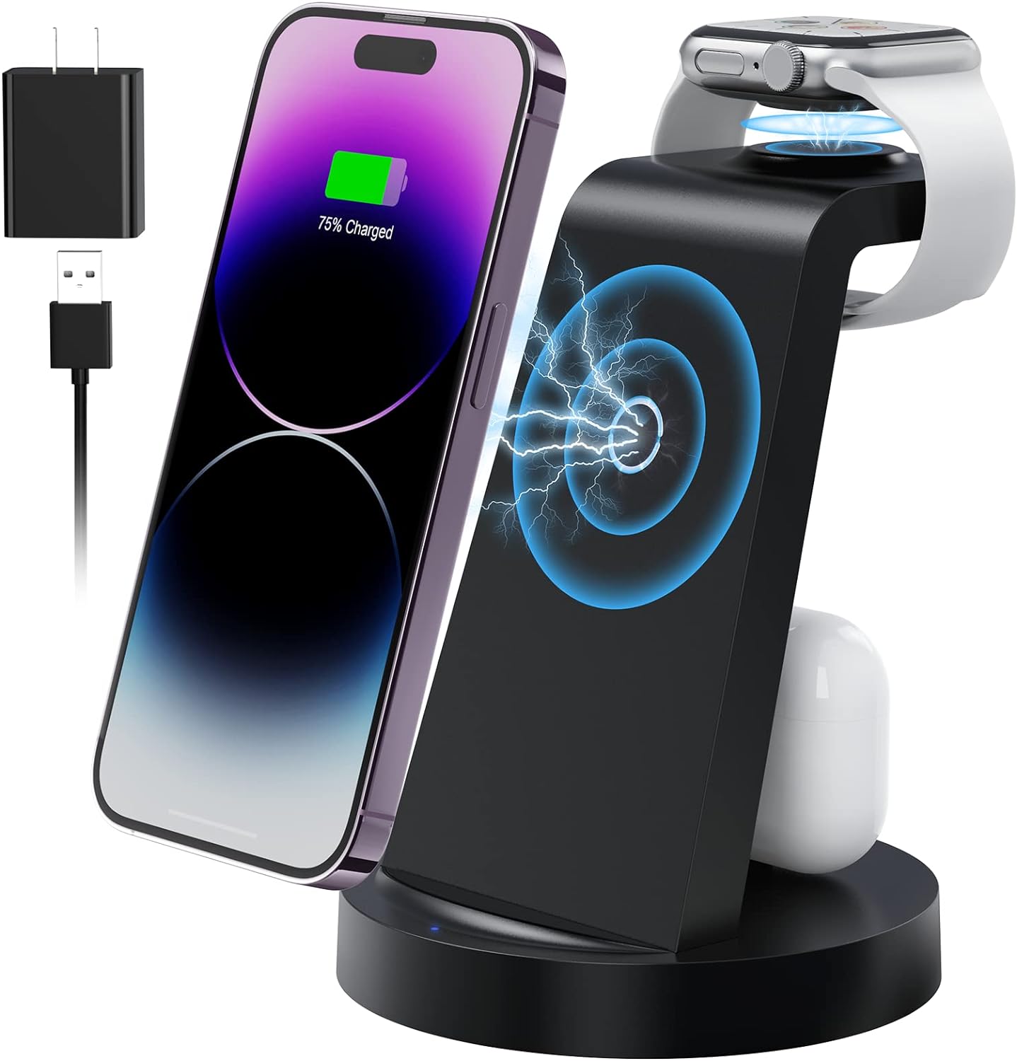The 3-in-1 iPhone charger stand impresses with its sleek design and functionality. Its ability to simultaneously charge my iPhone, AirPods, and Apple Watch makes it a convenient solution for decluttering my charging space. The adjustable stand provides a comfortable viewing angle, and the build quality feels sturdy. However, the charging speed could be faster for all devices. Overall, it' a practical accessory for Apple enthusiasts seeking a tidy charging solution.