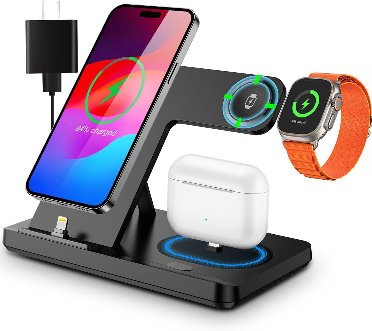 It does require you to plug the wire in for it to charge your devices so its not wireless. However I love the idea it charges all of my 3 devices in 1 setting, iPhone, iWatch, and my ear pods. Does come with a night green light to turn on. Overall, good product to have, needs some improvements however.