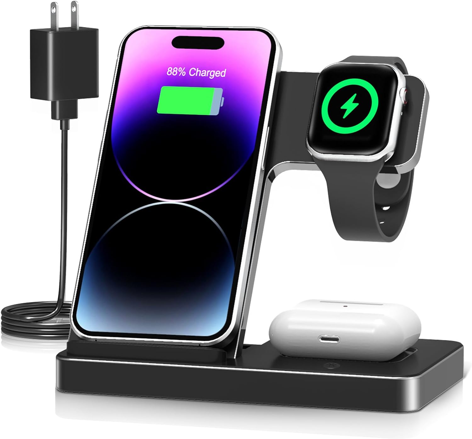Ive had this 3 in 1 wireless charger for about a month now, and I have nothing but good things to report. It charges my phone, Apple Watch, and ipod very quickly. It is so easy to carry for travel because it folds flat. The magnet for the Apple Watch is strong enough to hold it in position. The iphone charger is fast and reliable. I also love how I dont need to add my actual Apple Watch charger to it like some other products Ive used. This one has all the chargers built in. It doesnt take up