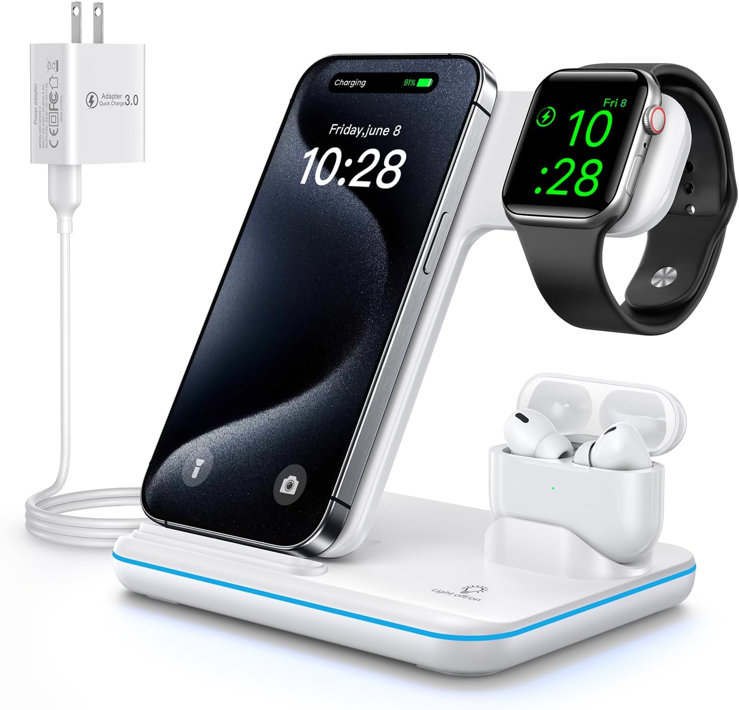 I had bought a3 in 1 charger last month. Used it twice. Watch didn't have any magnets to hold it tight against the charger and phone never charged. Sent them back and ordered this one! Impressive! Quick charges all three devices fully and quickly! Attractive set up! Saves so much space. I am very happy with this purchase!