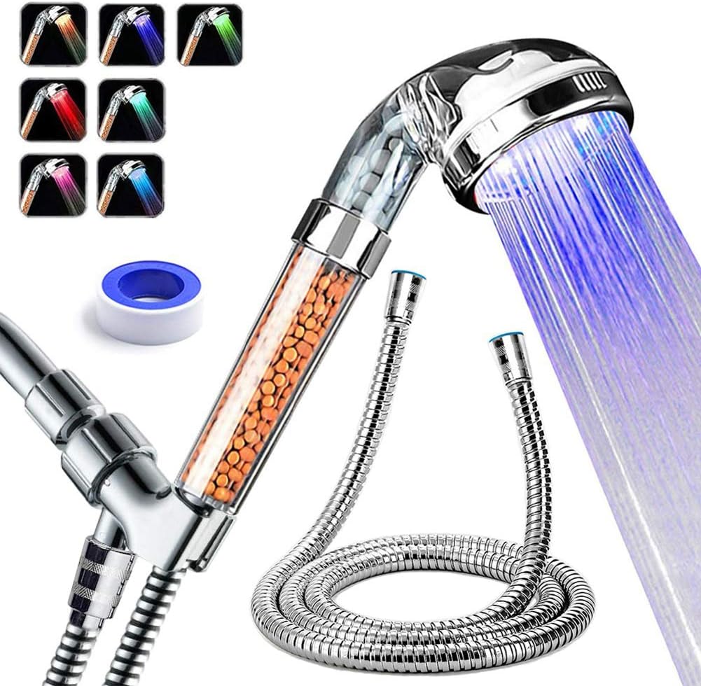 LED Shower Head with Hose and Shower Arm Bracket, High-Pressure Filter Handheld Shower for Repair Dry Skin and Hair Loss - 7 Colors Change Cyclically