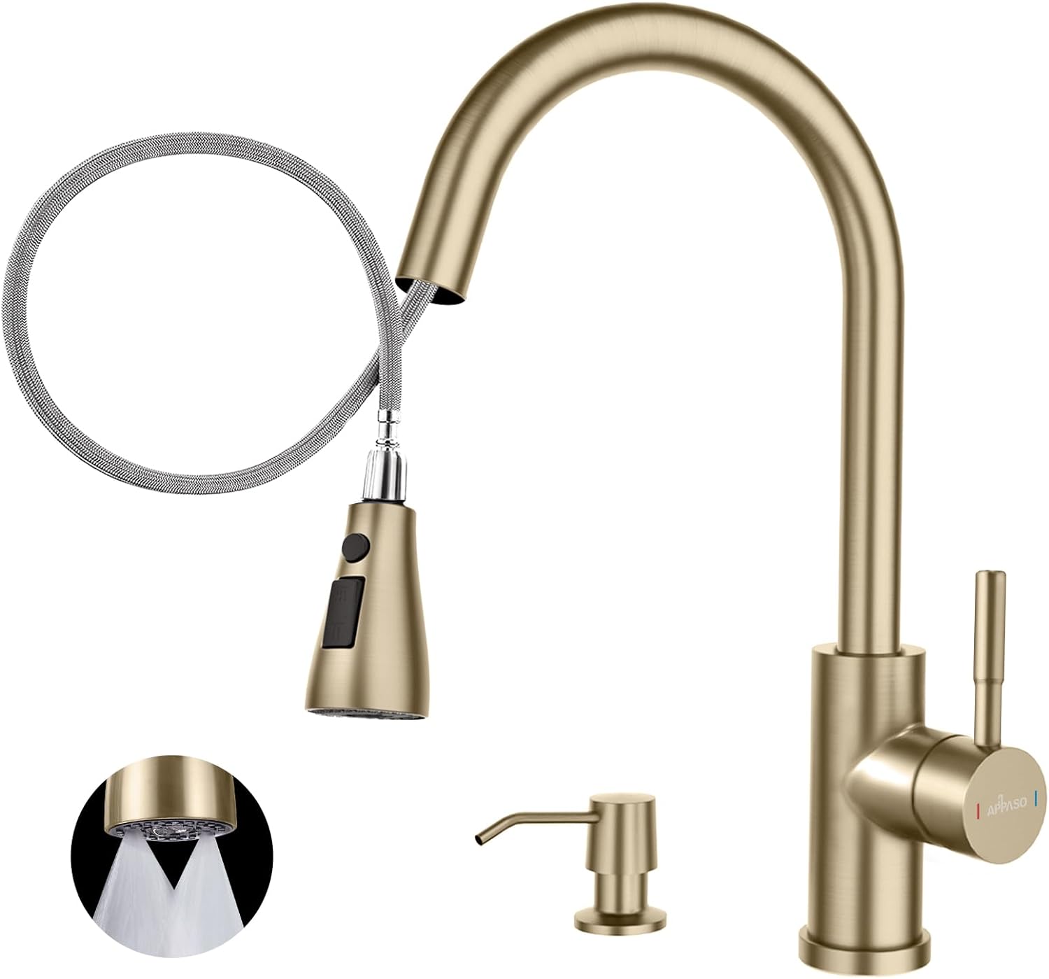 APPASO Gold Kitchen Faucet with Soap Dispenser, Brushed Gold 2 Hole Kitchen Faucet with Pull Down Sprayer 3 Modes, Champagne Gold Kitchen Sink Faucet, High Arch Faucet Kitchen Without Deck Plate
