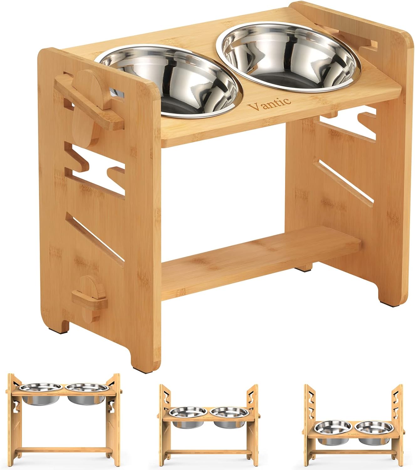 Vantic Elevated Dog Bowls-Adjustable Raised Dog Bowls for Large Dogs Medium Sized Dogs, Durable Bamboo Dog Bowl Stand with 2 Stainless Steel Bowls and Non-Slip Feet