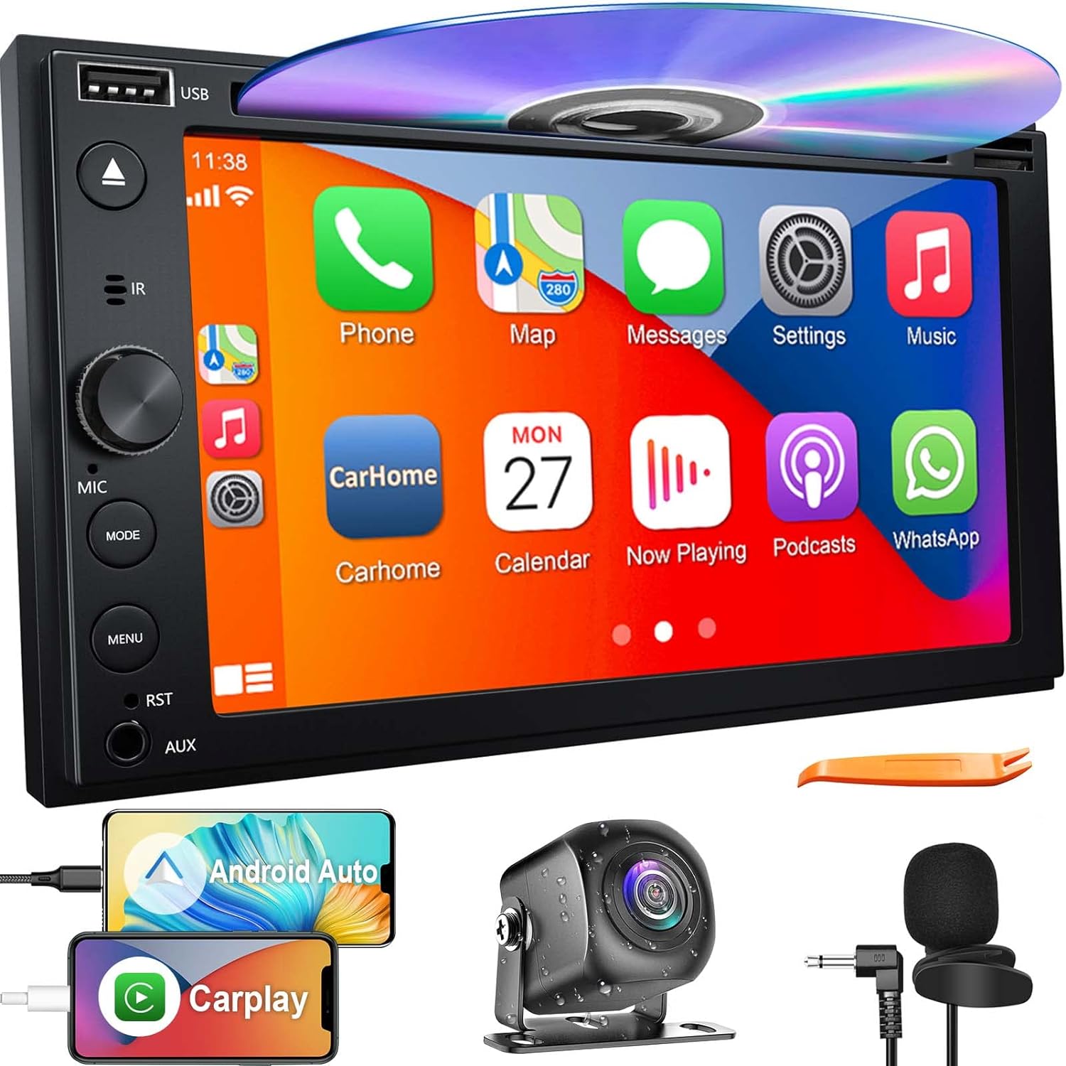 Double Din Car Stereo with CD/DVD Player Apple Carplay & Android Auto, 7 Inch Car Radio with Bluetooth and Backup Camera, Touch Screen, Mirror Link, Steering Wheel Control, USB/TF/AUX Input, AM/FM