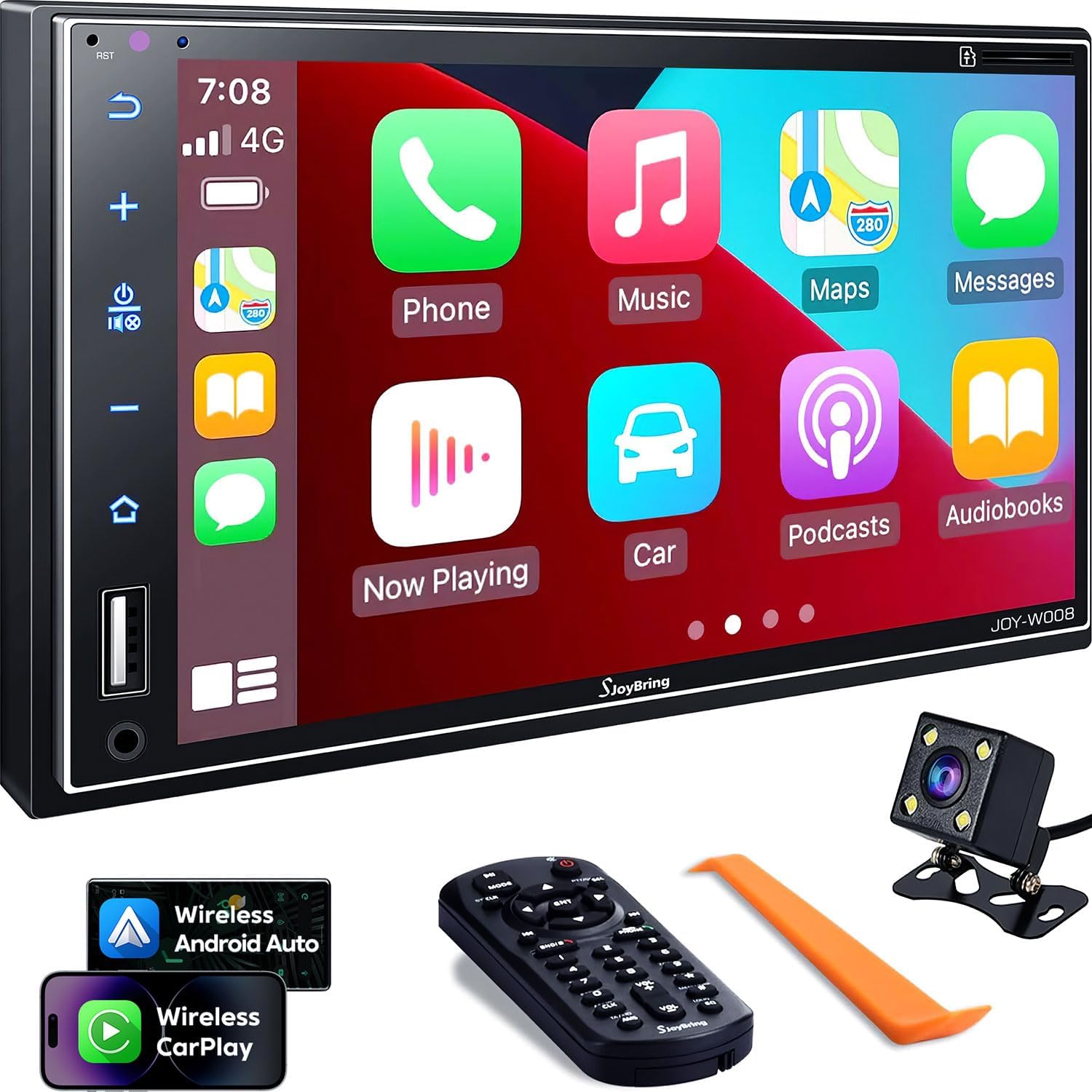 Double Din Car Stereo with Wireless Apple Carplay, Android Auto, 7 Inch Full HD Capacitive Touchscreen - Bluetooth, 4-Channel RCA, High Power, Subwoofer, Backup Camera, Steering Wheel, FM/AM Car Radio