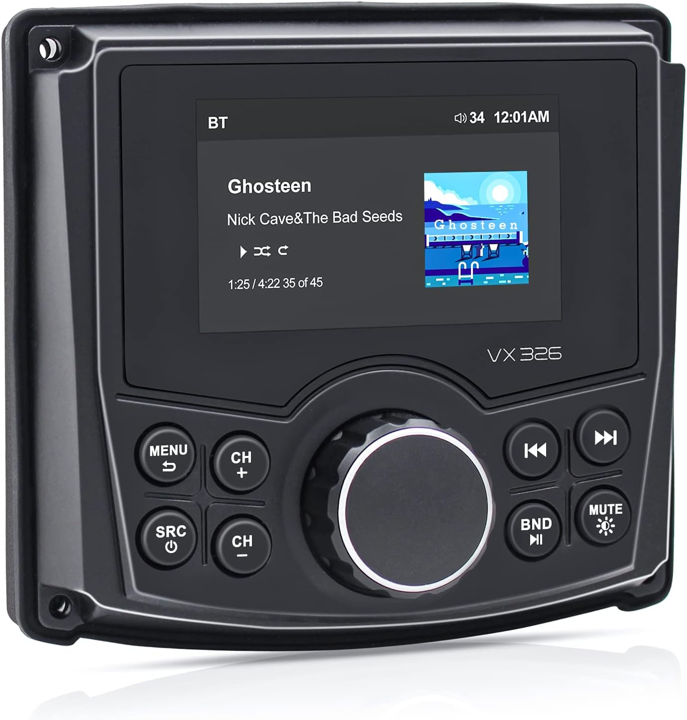 It is exactly as described, easy to install, Bluetooth connection was a breeze, and sounds great! I installed this in the 2x4 wall cavity of my ice fishing house. Changing stations is a little cumbersome, but I still give it 5 stars.