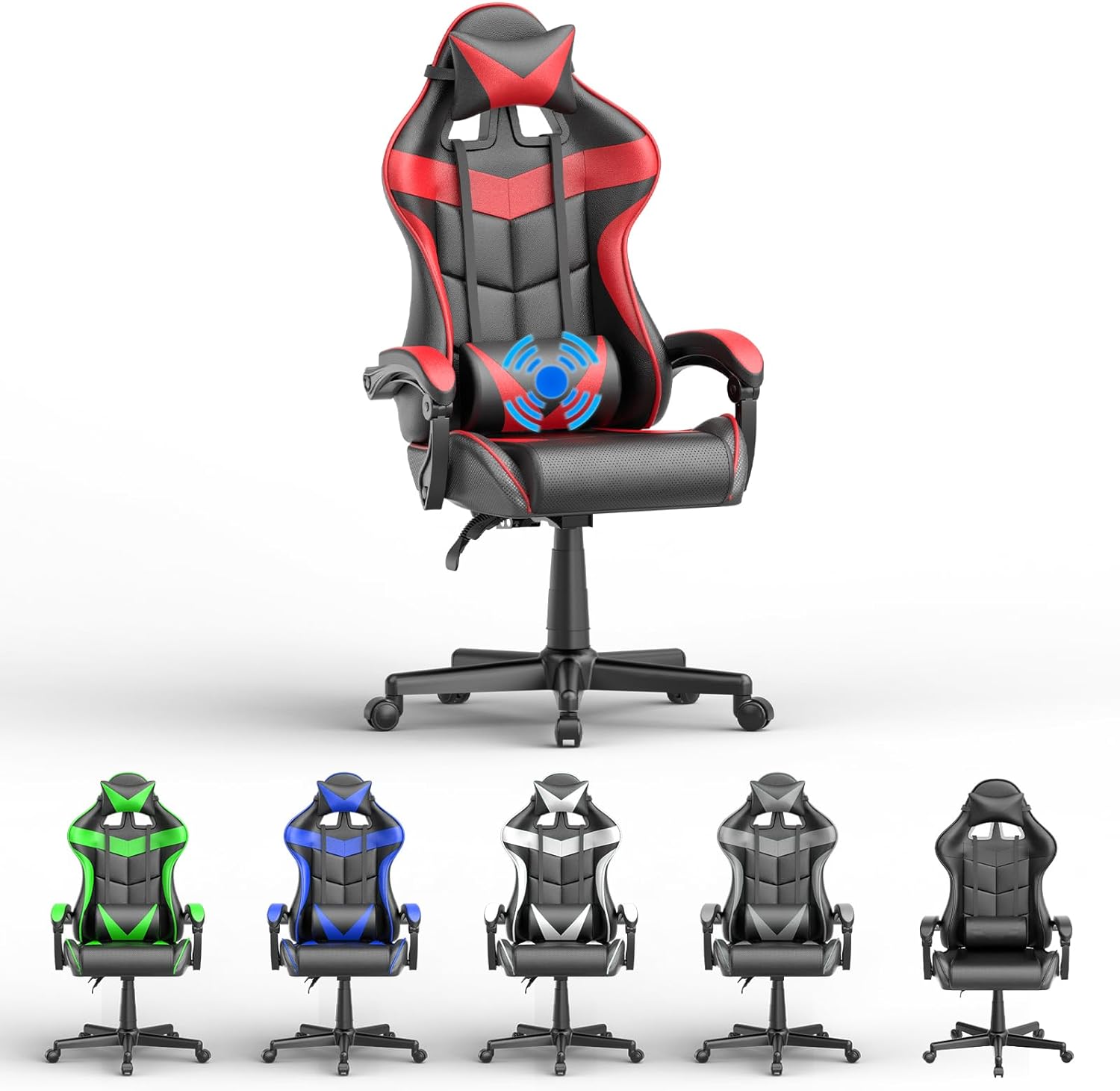 Soontrans Red Gaming Chair,Computer Chair with Massage Lumbar Support and Headrest,Height Adjustment Desk Chair with High-Back,Red Rolling Gamer Chair with Linkage Armrests(Ruby Red)