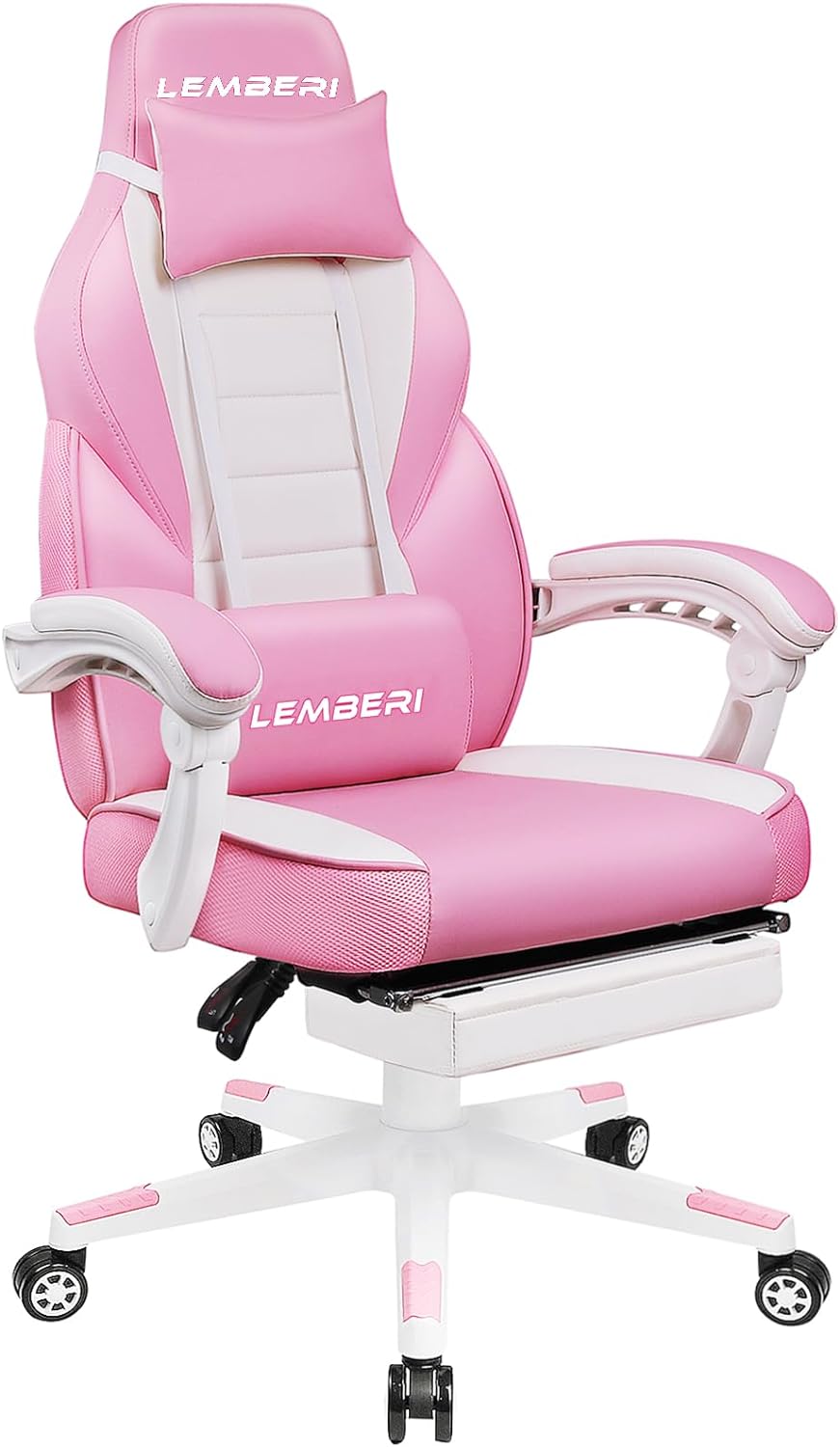 LEMBERI Pink Gaming Chair with footrest, Kawaii Cute Pink Gamer Chair for Girl,Girls Video Game Chairs,Computer Gaming Chair with Headrest and Lumbar Support