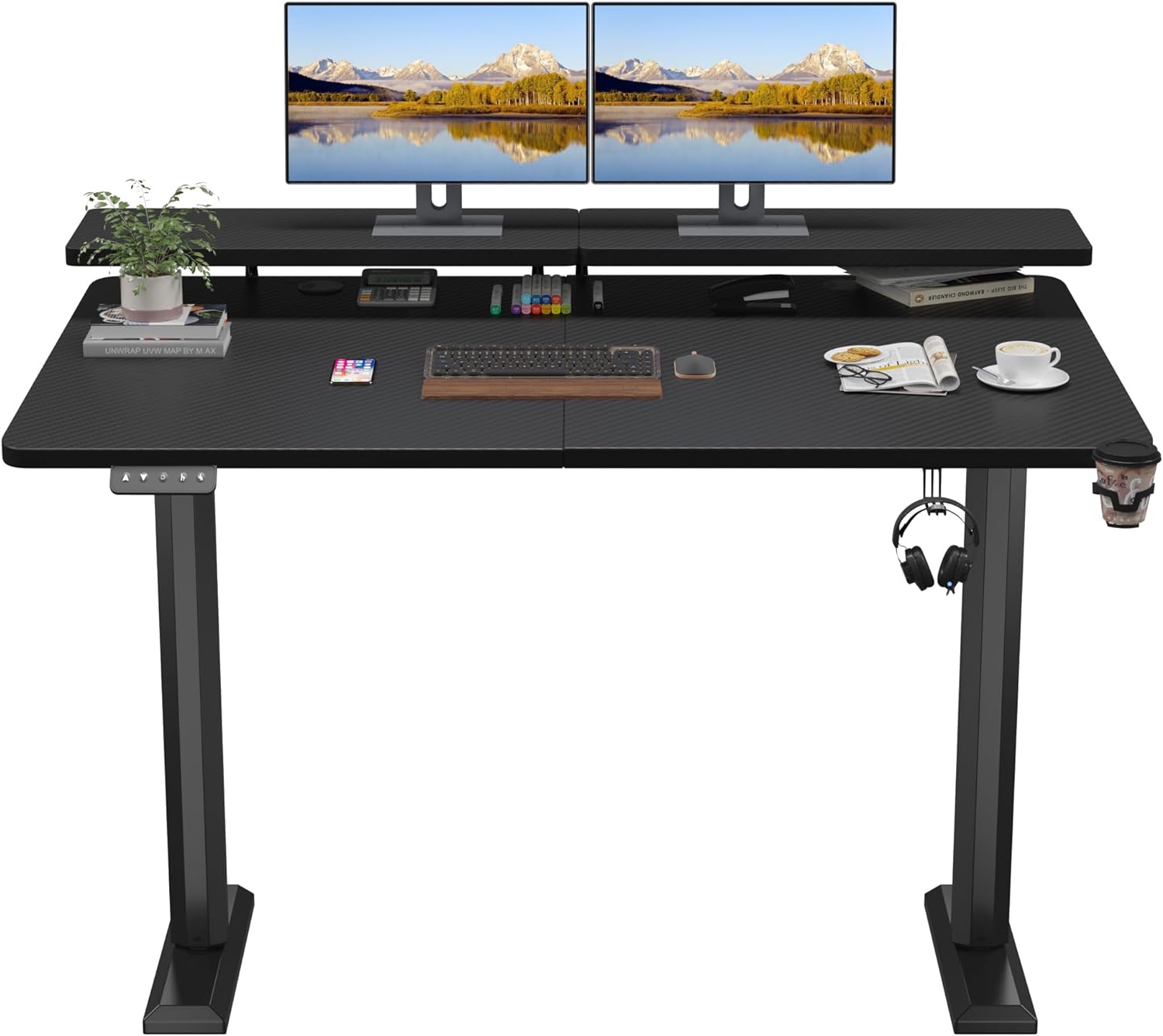 Electric Standing Desk with Monitor Shelf, 55 x 24 Inches Height Adjustable Corner Table, Computer Workstation with Cup Holder and Hook for Home Office, Black, 55x24 Inch