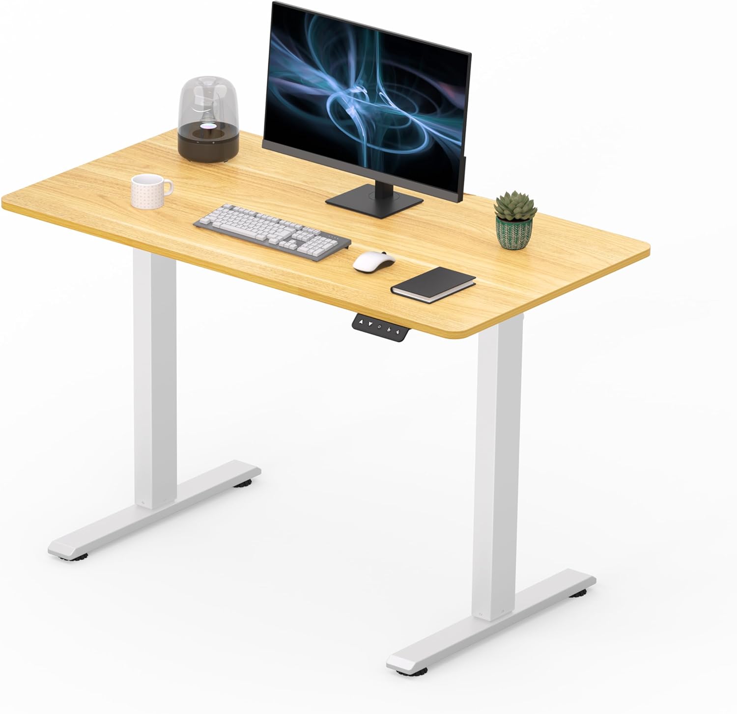 Adjustable Stand Up Desk with Whole Piece Desk Board, 44 x 24 Inch Electric Standing Desk Home Office Desk Computer Workstation Sit Stand Desk, Maple Top   White Frame