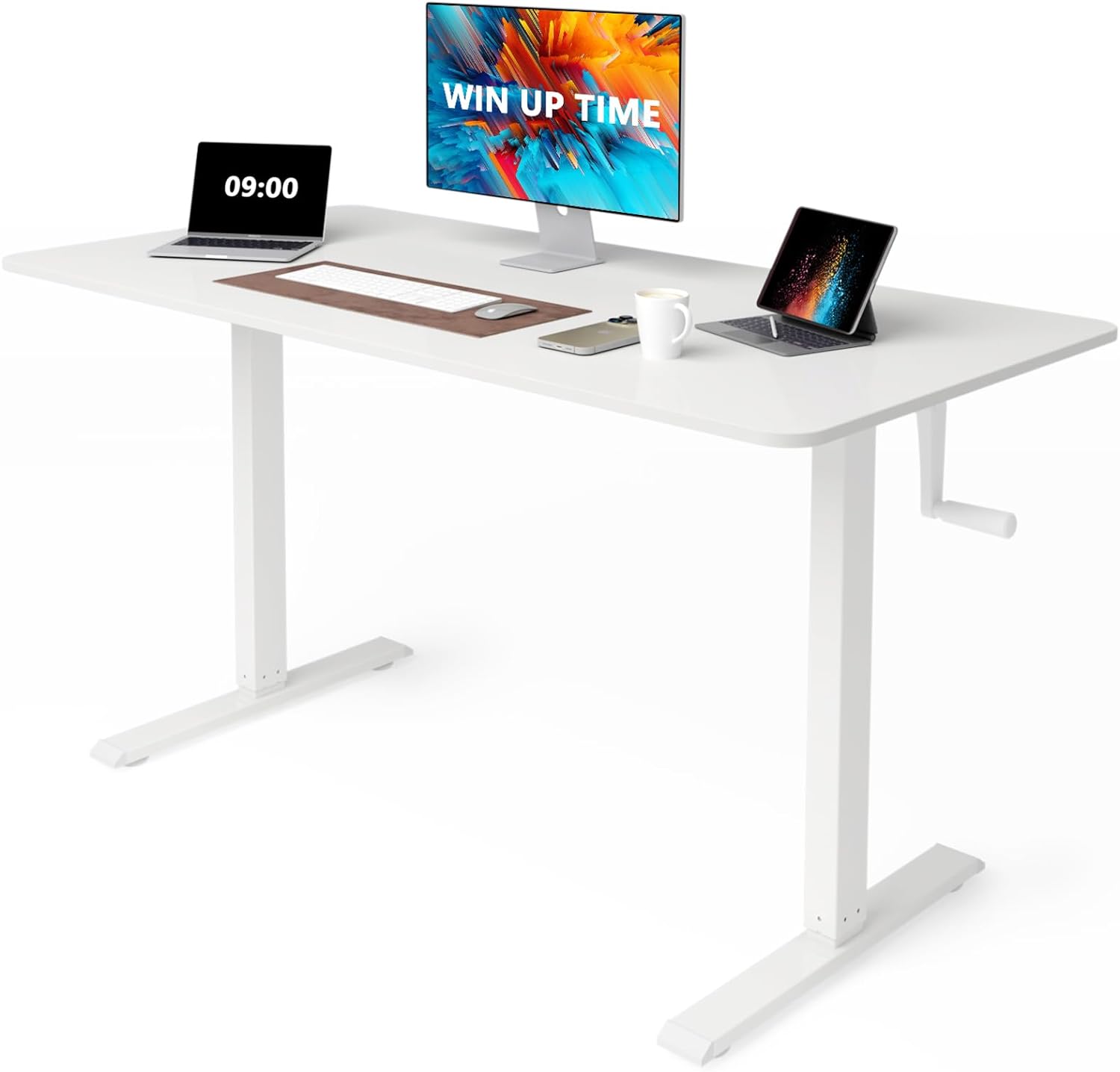 Whole Piece Top Manual Standing Desk Adjustable Height- Crank Stand Up Desk, Sit Stand Desk with Frame & Desktop, Computer Desk 48 x 24 Inch White