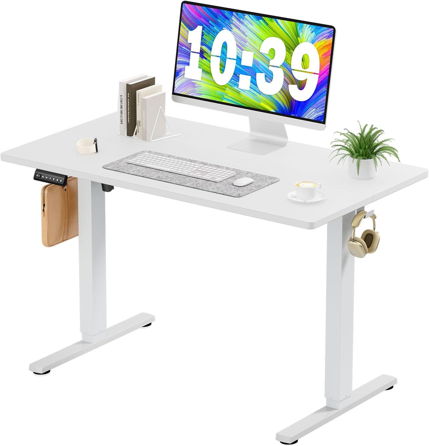 Sweetcrispy Electric Standing Desk - 40 x 24 inch Adjustable Height Sit to Stand Up Desk with Splice Board, Rising Home Office Computer Table with 2 Hook and Wire Hole for Work