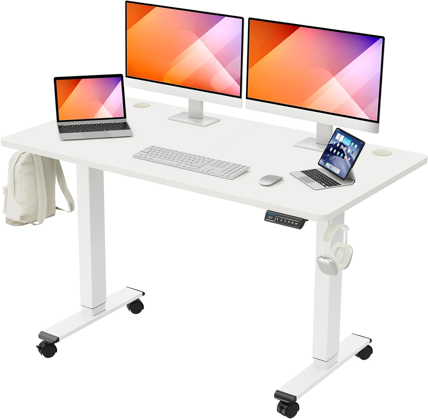 MOUNTUP    Inches Electric Height Adjustable Standing Desk, Sit Stand Desk with Memory Controller, Ergonomic Stand Up Desk for Home Office with Splice Board, White