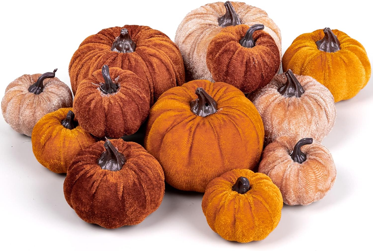 Whaline 12Pcs Fall Artificial Velvet Pumpkins Assorted Sizes Fake Velvet Foam Pumpkin Fall Decorations Halloween Autumn Harvest Farmhouse Faux Pumpkin for Fall Thanksgiving Party Home Decor