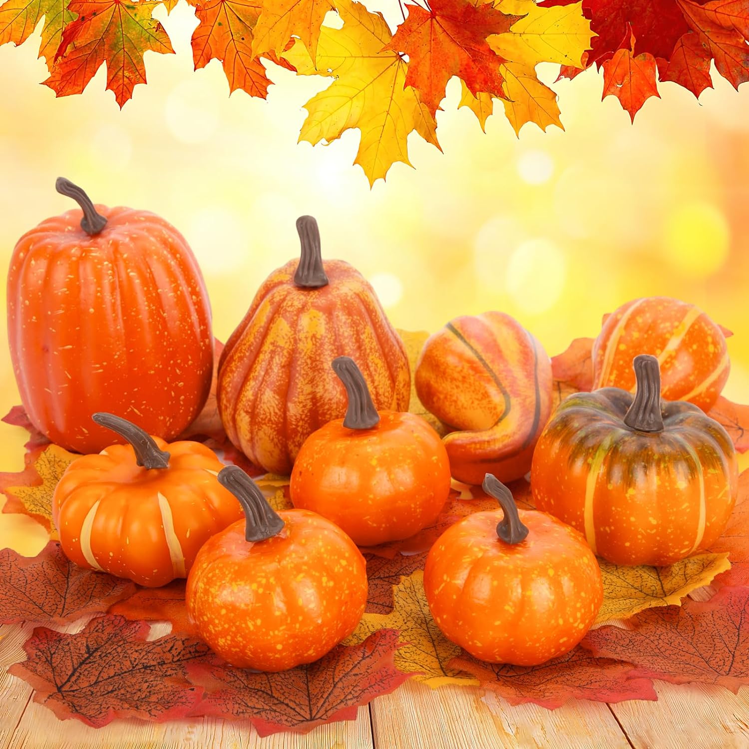 BigOtters Thanksgiving Artificial Pumpkins and Gourds Set, 9 PCS Mixed Pumpkins Fake Pumpkins with 30 PCS Fake Maple Leaves Fall Harvest Thanksgiving Home Decoration Wedding Tables Centerpieces