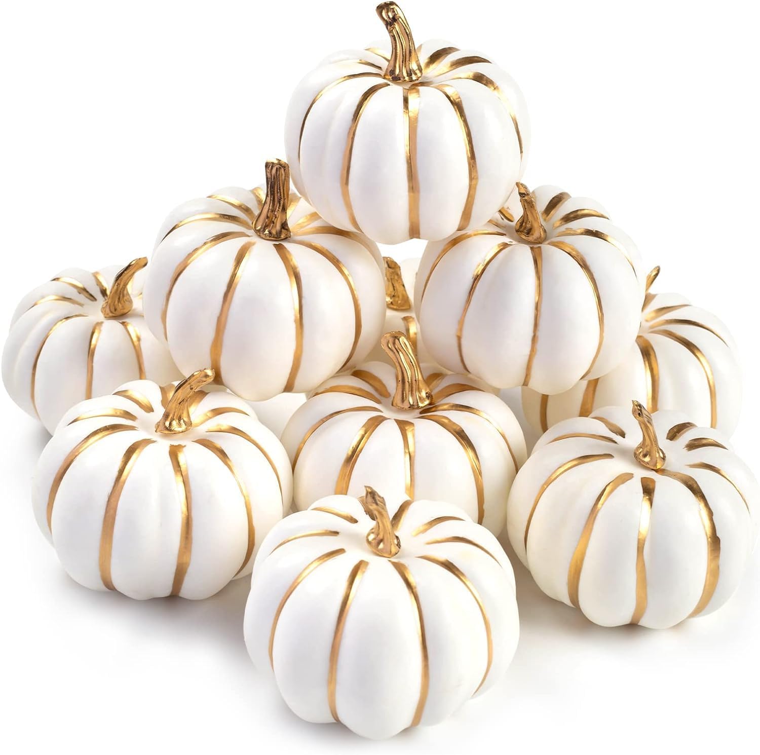 BigOtters 10PCS Pumpkins for Decoration, Artificial Pumpkin with Gold Lines Small White Foam Pumpkins for Fall Thanksgiving Halloween Table Decor