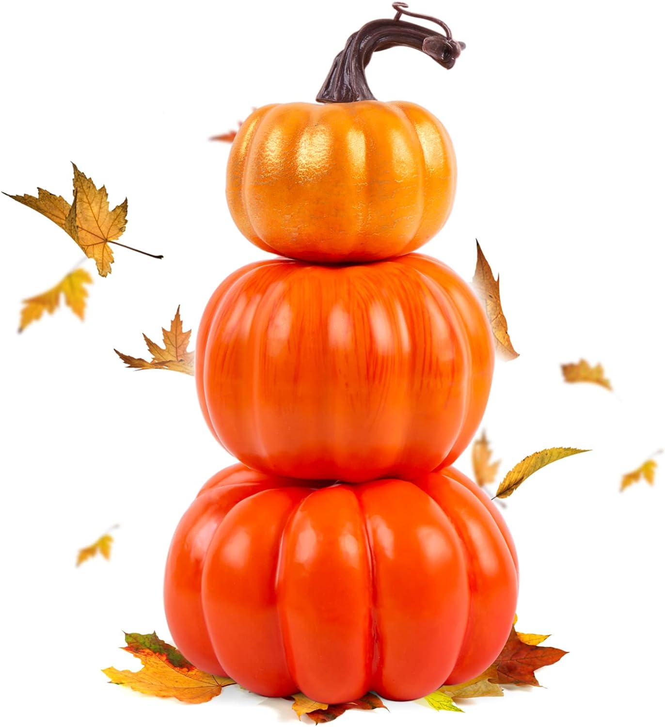 DomeStar Stacked Artificial Pumpkins, 3 Layers Pumpkin Tower Foam Pumpkin Set for Porch Home Thanksgiving Halloween Decoration