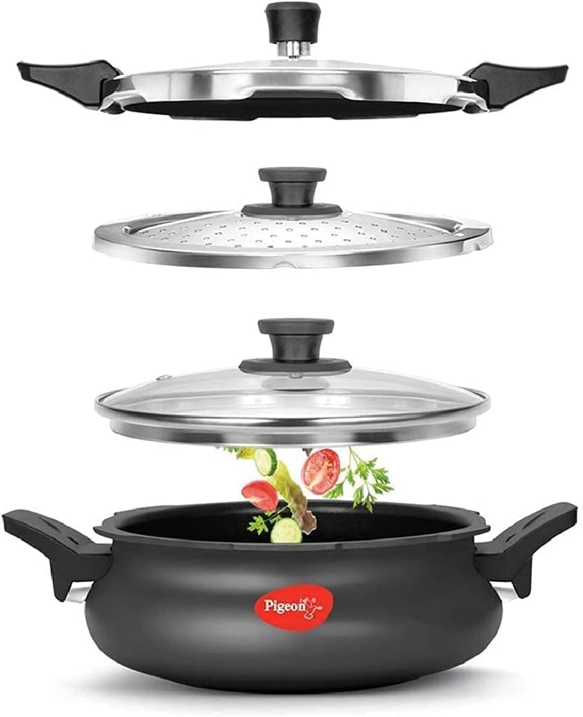 Pigeon 3.2 Quart All-In-One Super Cooker - Steamer, Cooking Pot, Pressure Cooker, Dutch Oven - For All Cooktops - Quick Cooking of Meat, Soup, Rice, Beans, Idli & more, Hard Anodized, (3 Liters)