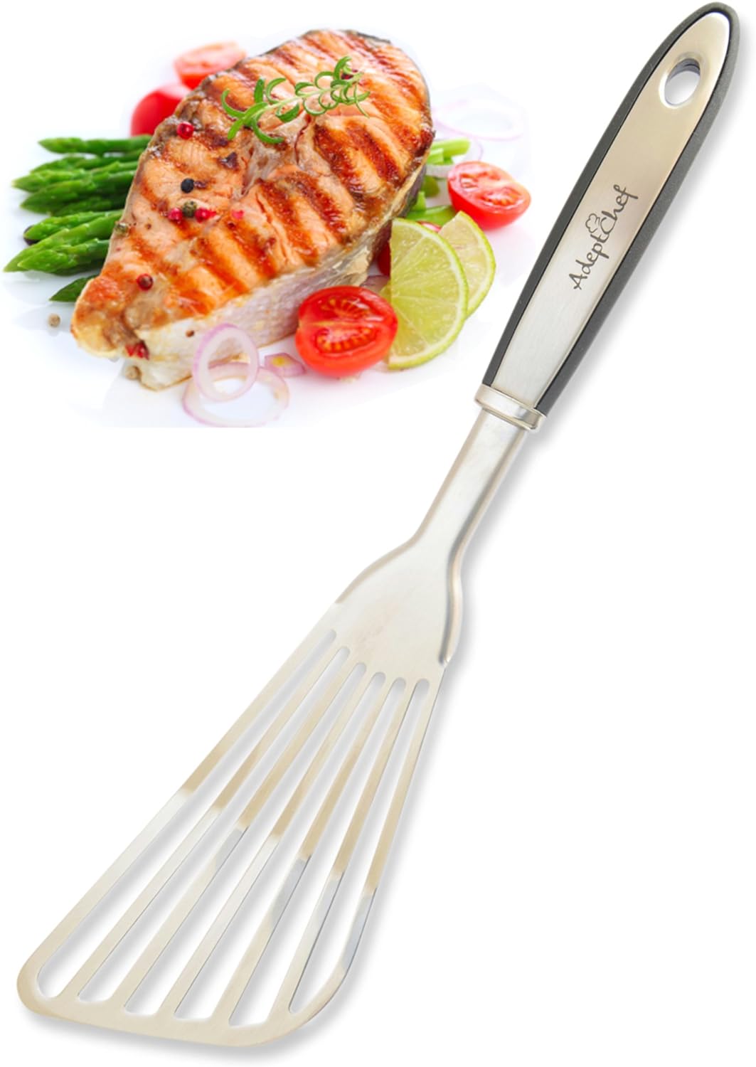 Fish Spatula  AdeptChef Stainless Steel, Slotted Turner  Thin-Edged Design Ideal For Turning & Flipping To Enhance Frying & Grilling  Sturdy Handle, Multi-Purpose  Buy Yours TODAY!