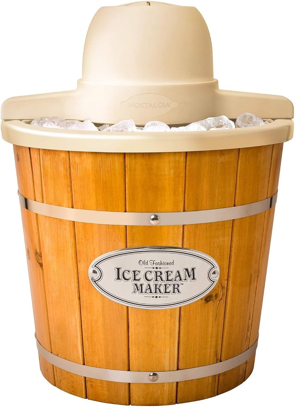 Nostalgia Electric Ice Cream Maker - Old Fashioned Soft Serve Ice Cream Machine Makes Frozen Yogurt or Gelato in Minutes - Fun Kitchen Appliance - Vintage Wooden Style - Light Wood - 4 Quart